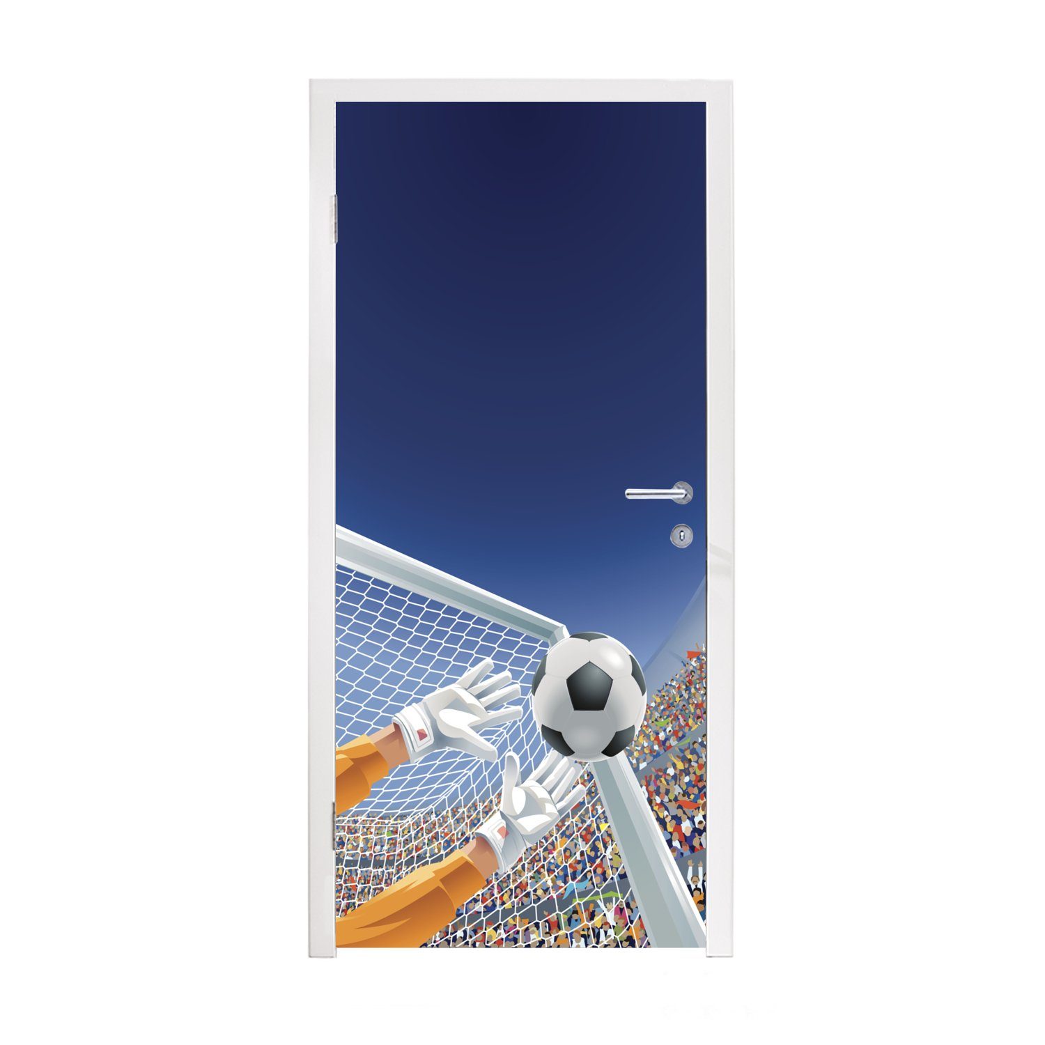 MuchoWow Türtapete Eine Illustration eines Torwarts, der den Fußball stoppt - Junge -, Matt, bedruckt, (1 St), Fototapete für Tür, Türaufkleber, 75x205 cm