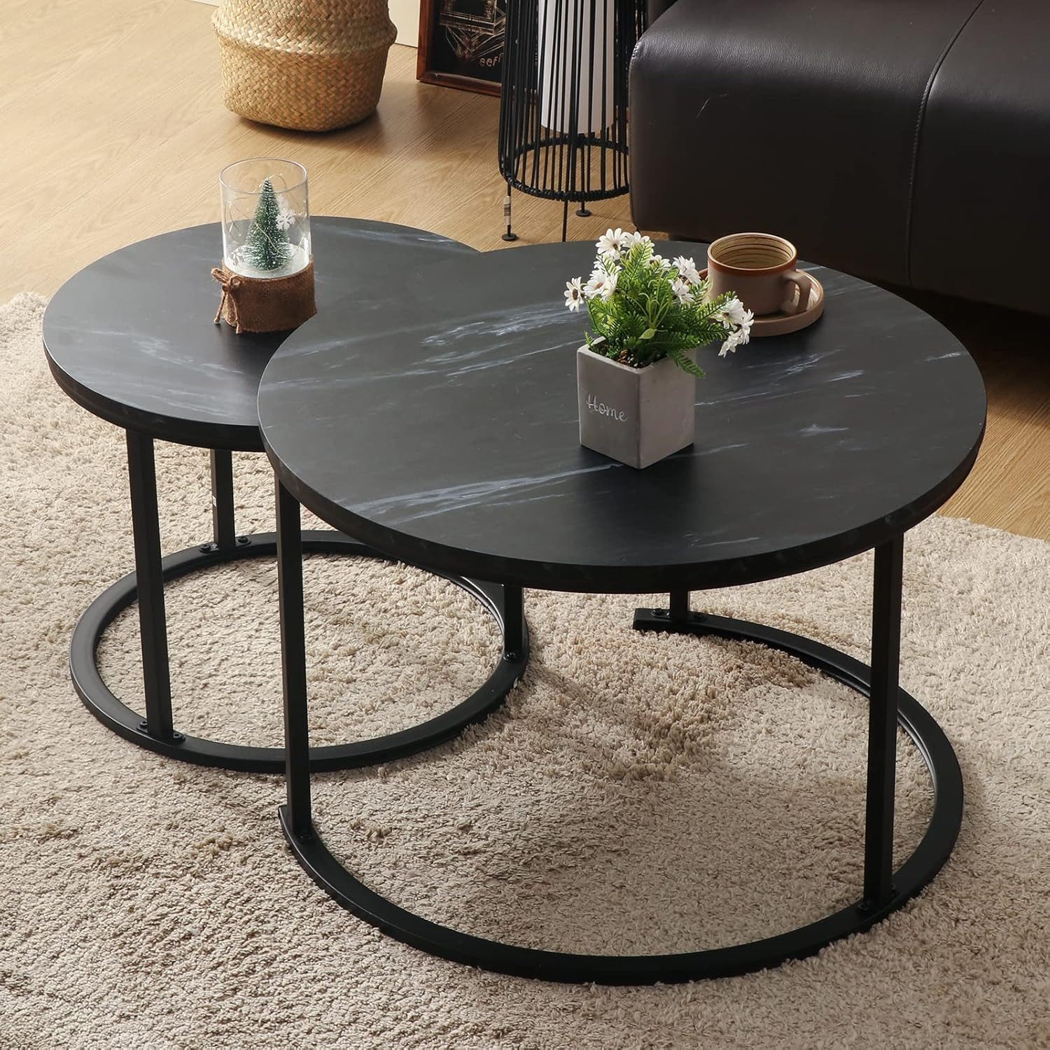 KAHOO Couchtisch Kaffeetisch, 2tlg. mit Marmormuster, 70x45cm+50x40cm, rund