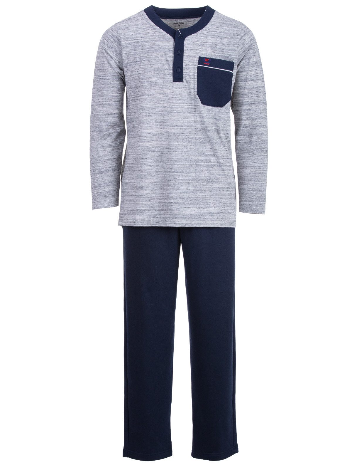Henry Terre Schlafanzug Kuscheliger Hausanzug Langarm - Uni mit farbigem Kr günstig online kaufen