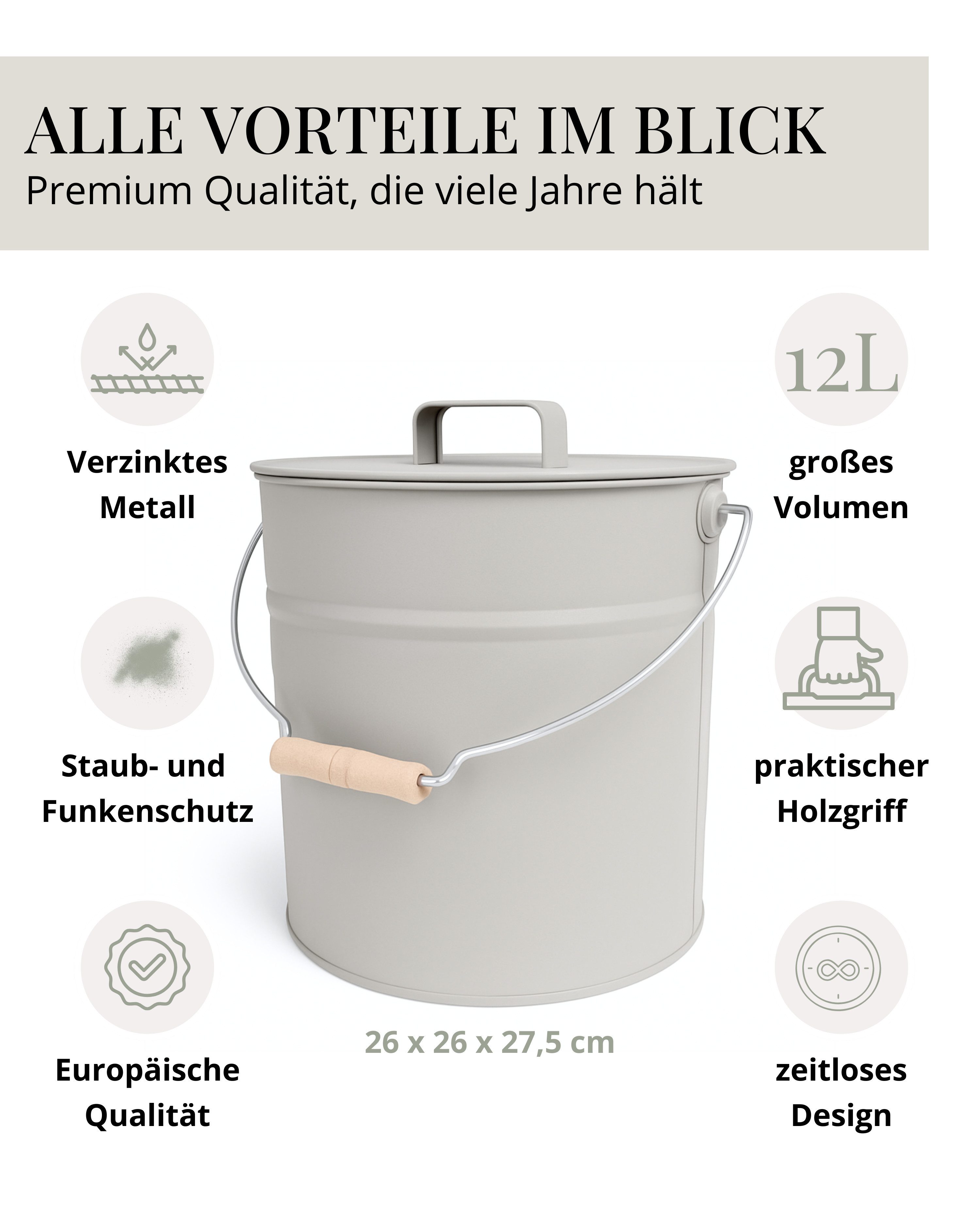 LIVLIG Aschekasten Ascheeimer mit Deckel, Metalleimer, 12L, Matte Pulverbeschichtung, Made in Europe, Deckel mit Holzgriff