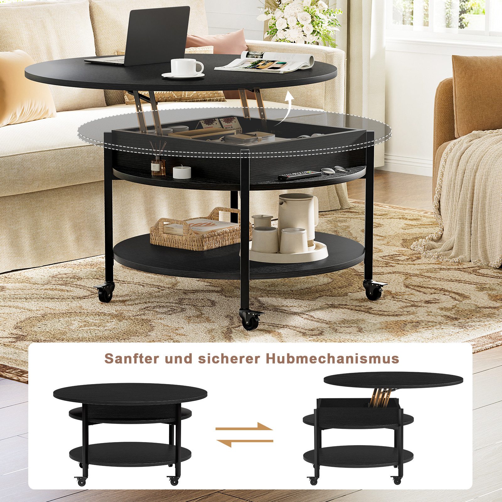FABATO Couchtisch Runder Couchtisch mit Höhenverstellung, Rädern und Staufach (1-St), ideal für Wohnzimmer, in Schwarz – Bild 4 von 5