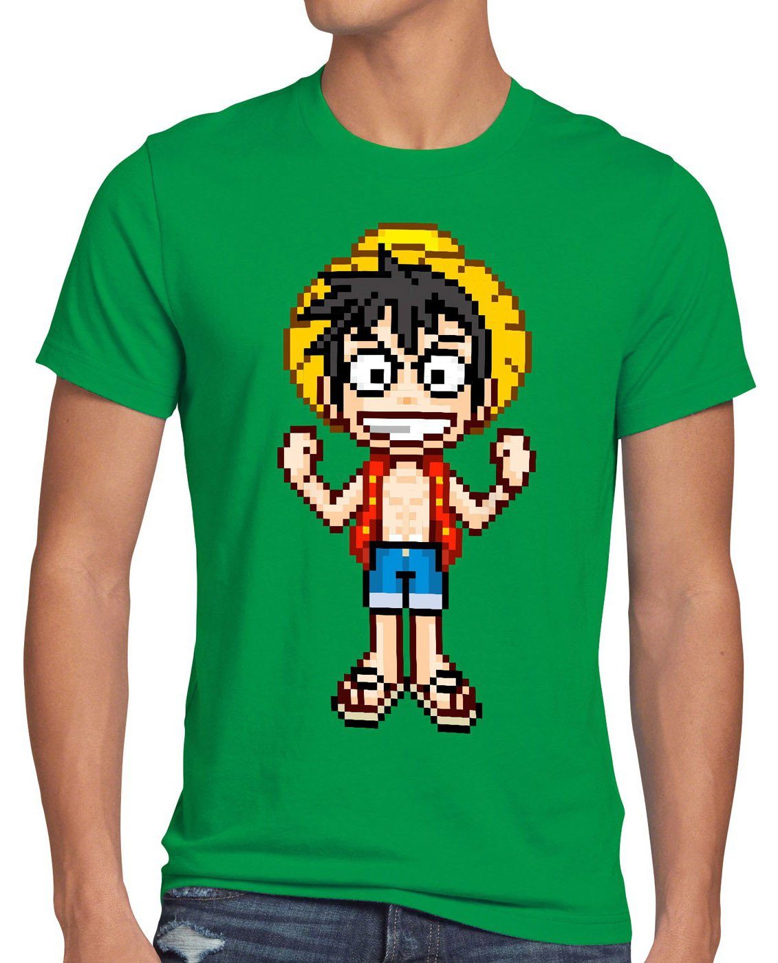 style3 Print-Shirt Herren T-Shirt Pixel Luffy piece strohhut pirat one sanji anime manga ruffy neu grün