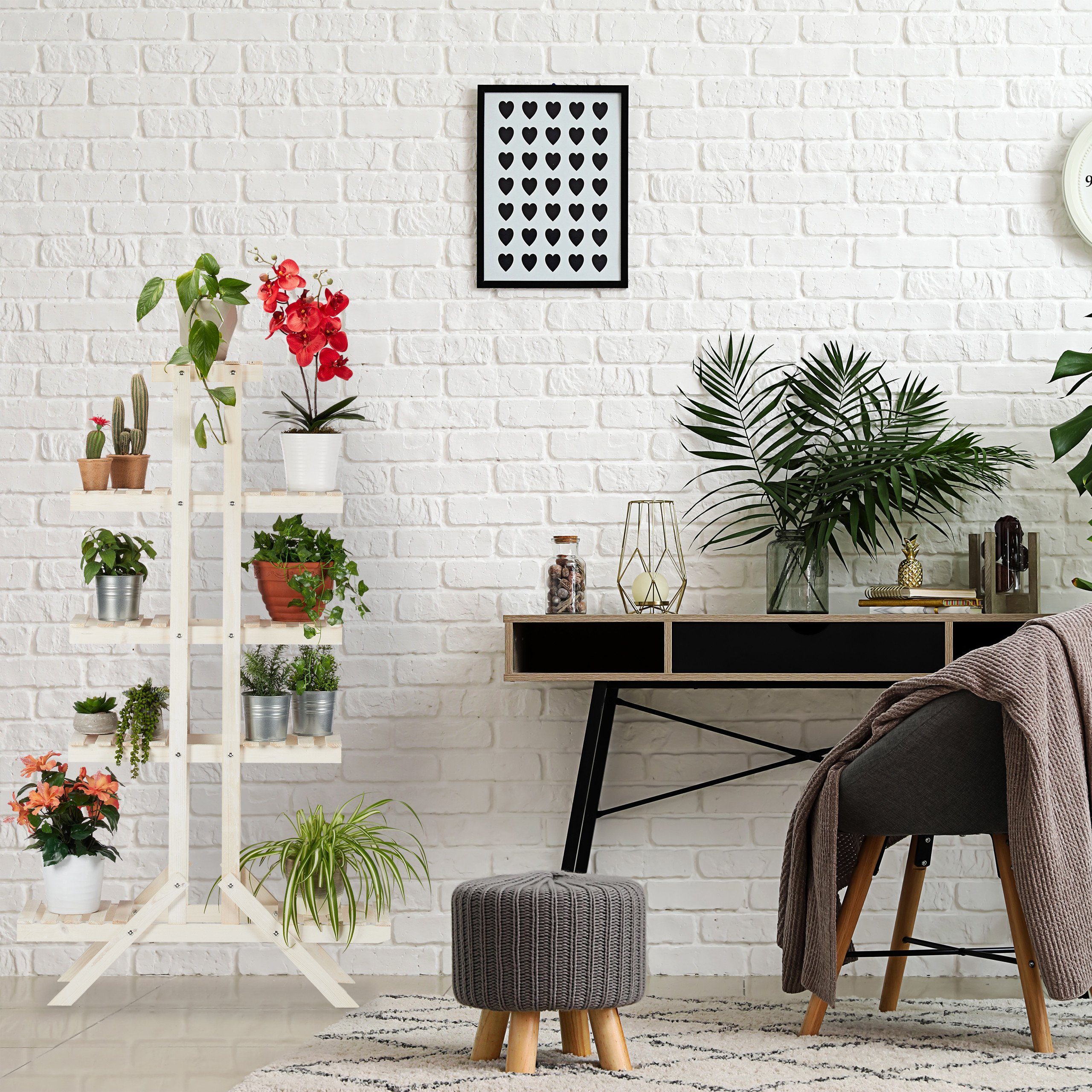 5 Stufen, Holz Blumentreppe mit relaxdays Blumenständer Weiß