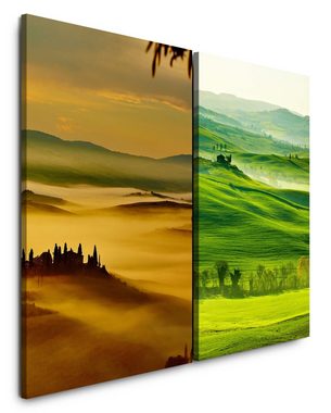 Sinus Art Leinwandbild 2 Bilder je 60x90cm Toskana Italien Malerisch Hügel Morgentau Sonnenaufgang Süden