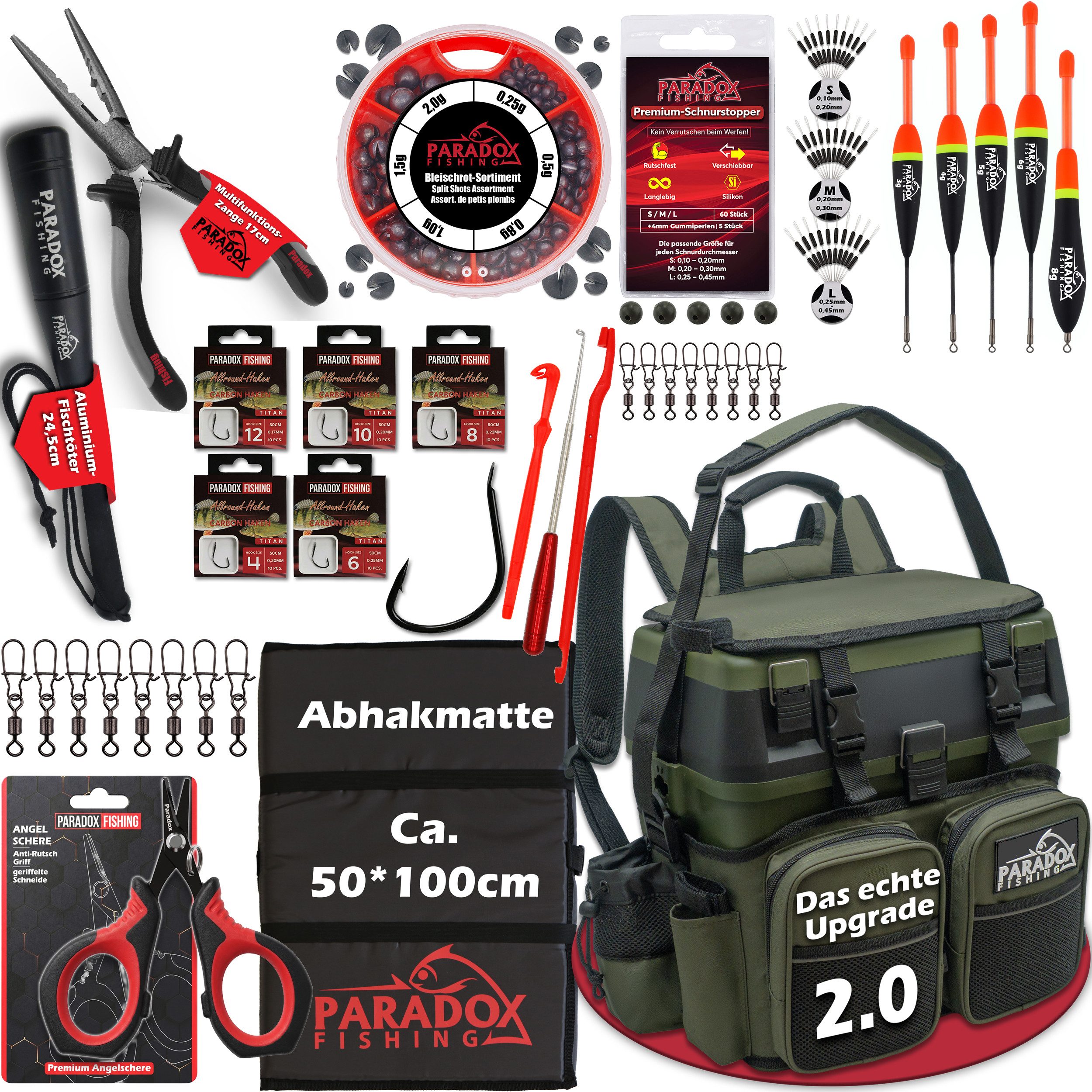 Paradox Fishing Angelrucksack 3-in-1 Multifunktions-Sitzkiepe mit 4 Boxen im Deckel (9-tlg), Zangenhalterung