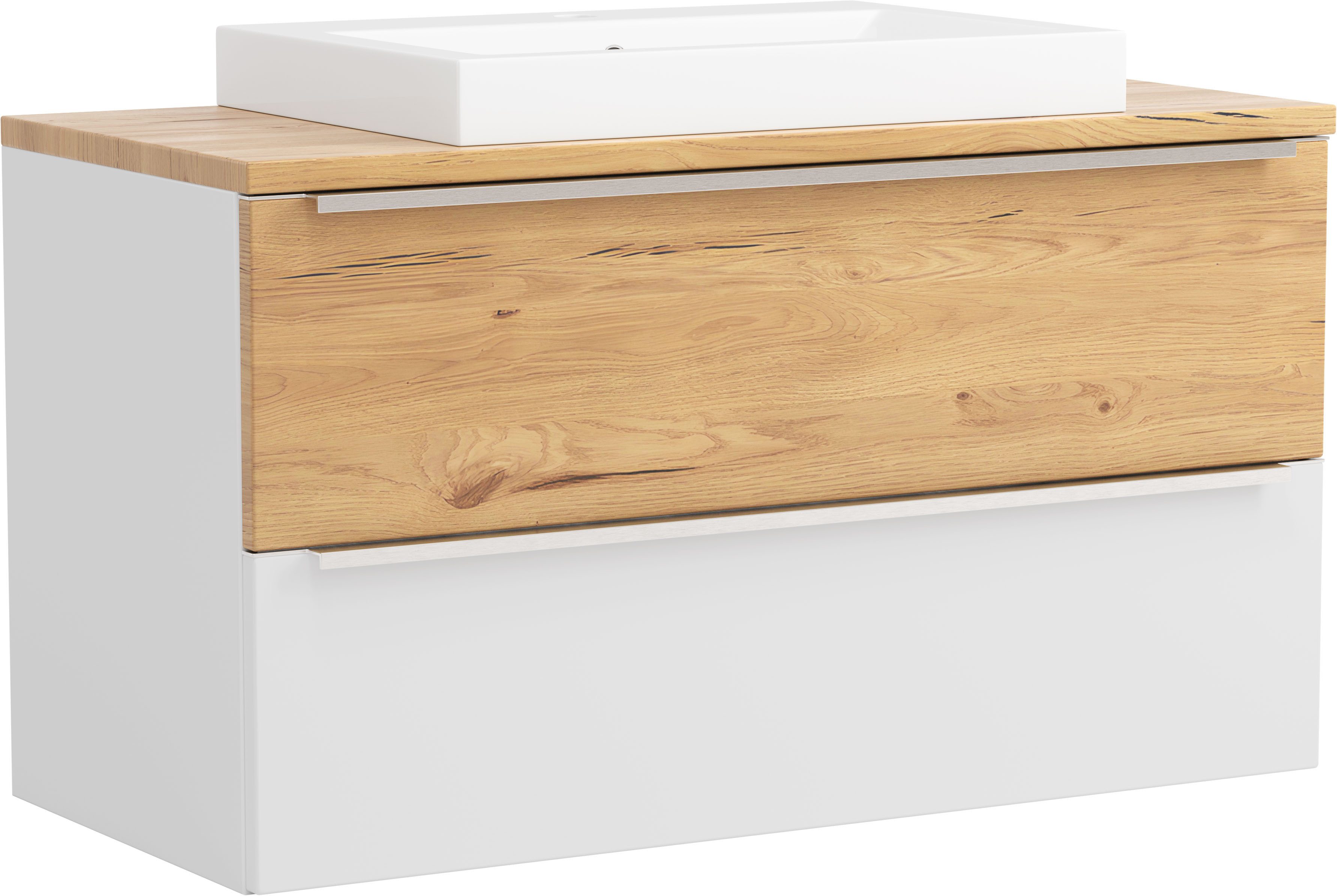 welltime Waschtisch TRIENT, Softclose-Auszüge, Keramikbecken (Maße (B/H/T): ca. 100/63/47 cm), matt weiß/wildeiche, Keramikbecken
