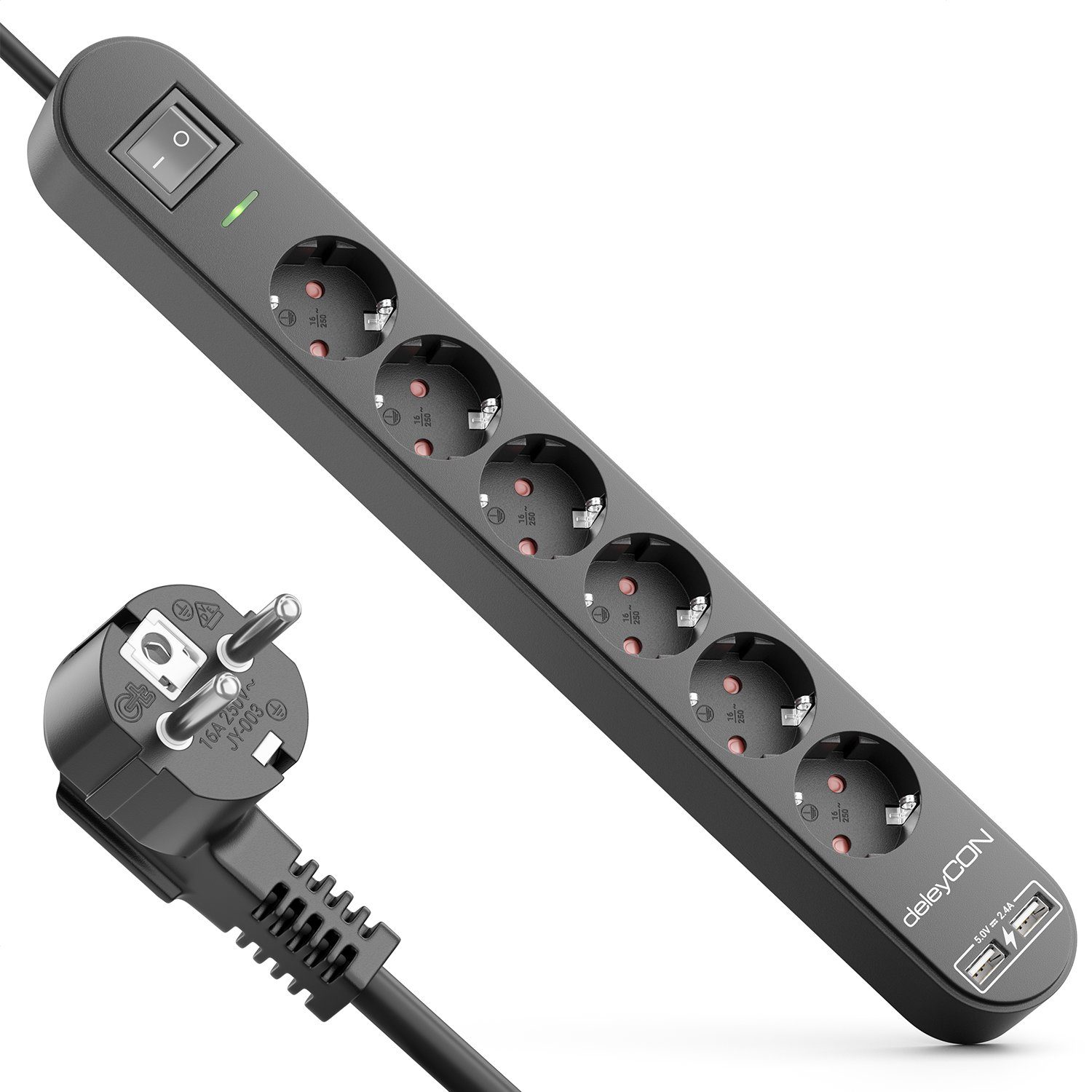 deleyCON 1,5m 6 Fach Steckdosenleiste mit USB & EIN/AUS Schalter Steckdosenleiste