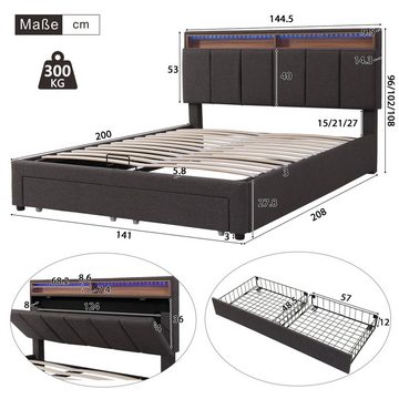 Flieks Polsterbett, LED Hydraulisches Doppelbett mit Schubladen 140x200cm Leinen