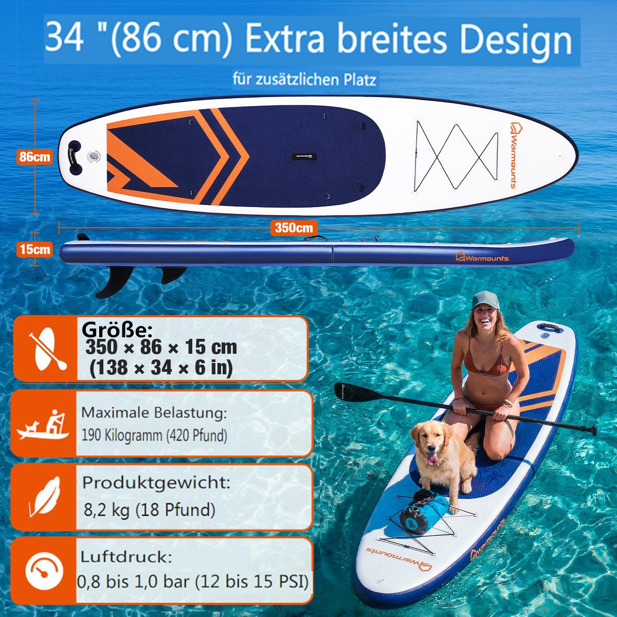 Warmounts Stand Up Paddle Set 350x86x15cm bis 190kg SUP-Paddel, (2in1 Aufblasbares SUP-Board SUP-Paddel Set mit Kajak-Sitz), mit verstellbarem 3-teiligem Doppelpaddel, Handpumpe