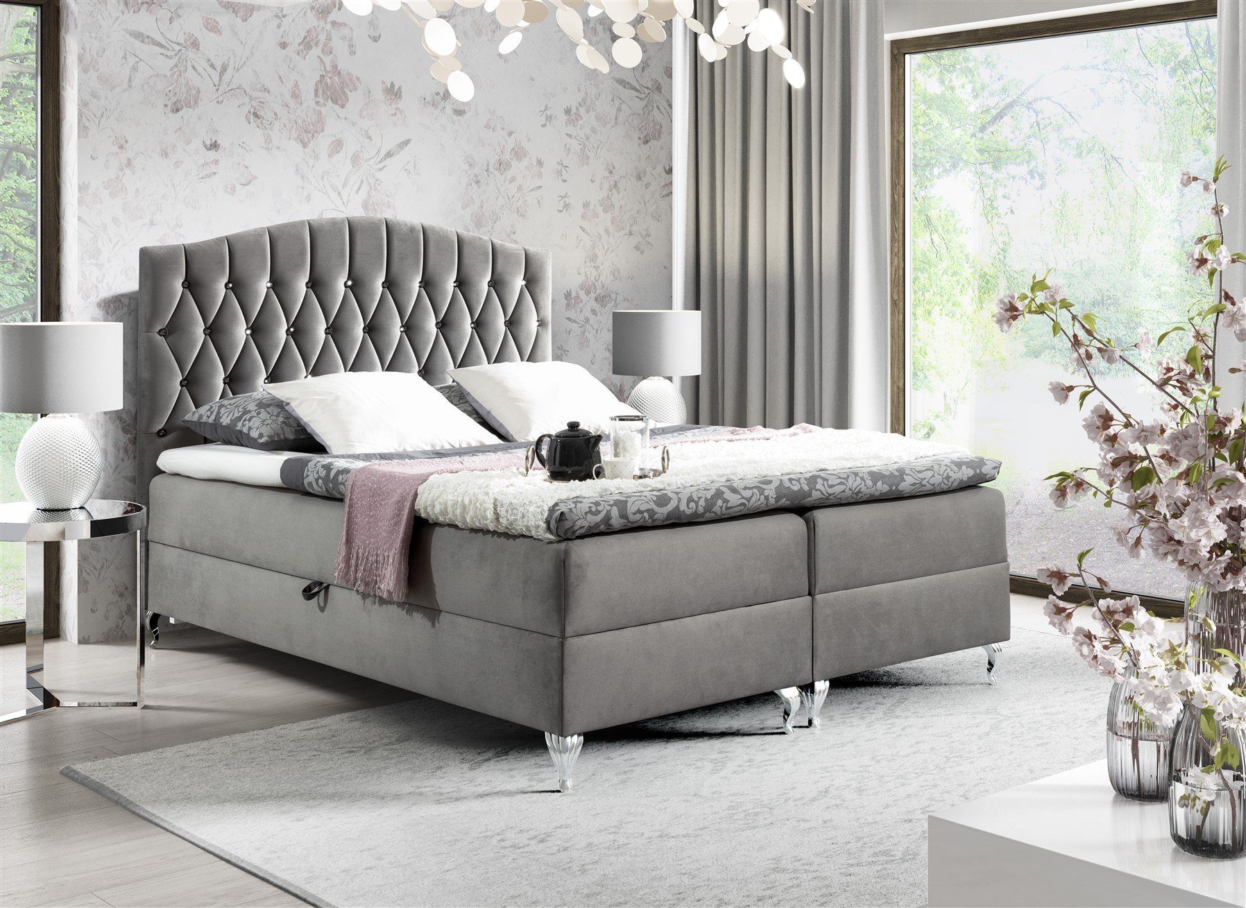 Fun Möbel Boxbett Schlafzimmerbett DEVRAN in Stoff Fresh (inkl. Kaltschaumtopper und Topper), Strass-Steine im Kopfteil