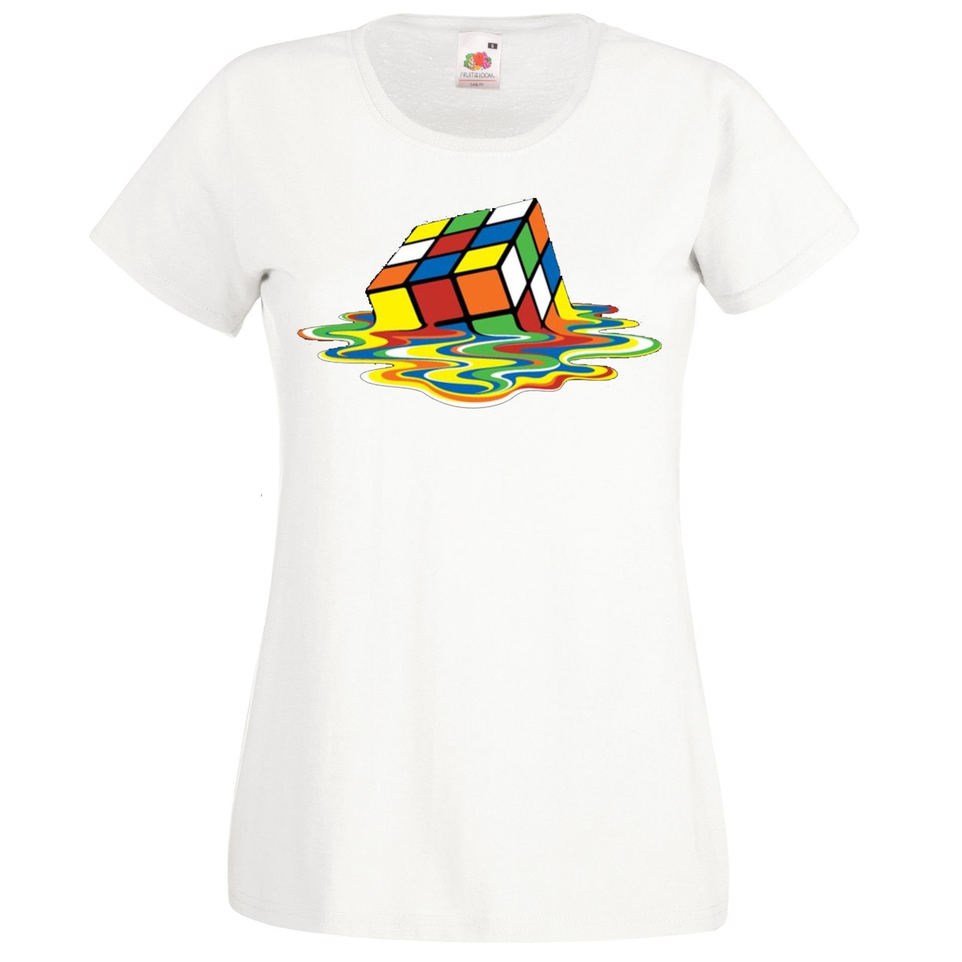 Designz Youth Frontprint Damen Zauberwürfel mit Weiß Shirt witzigem T-Shirt