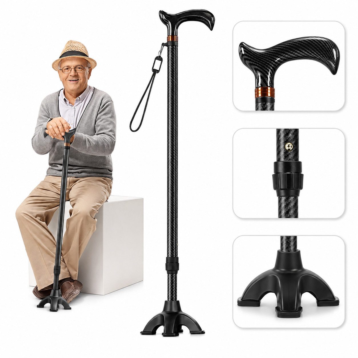 COVNBXN Gehstock Höhenverstellbarer Gehstock Robust ergonomisch maximale Belastbarkeit, 1-tlg., An die Körperform angepasst, Höhe in 10 Stufen einstellbar – von 140 bis 180 cm