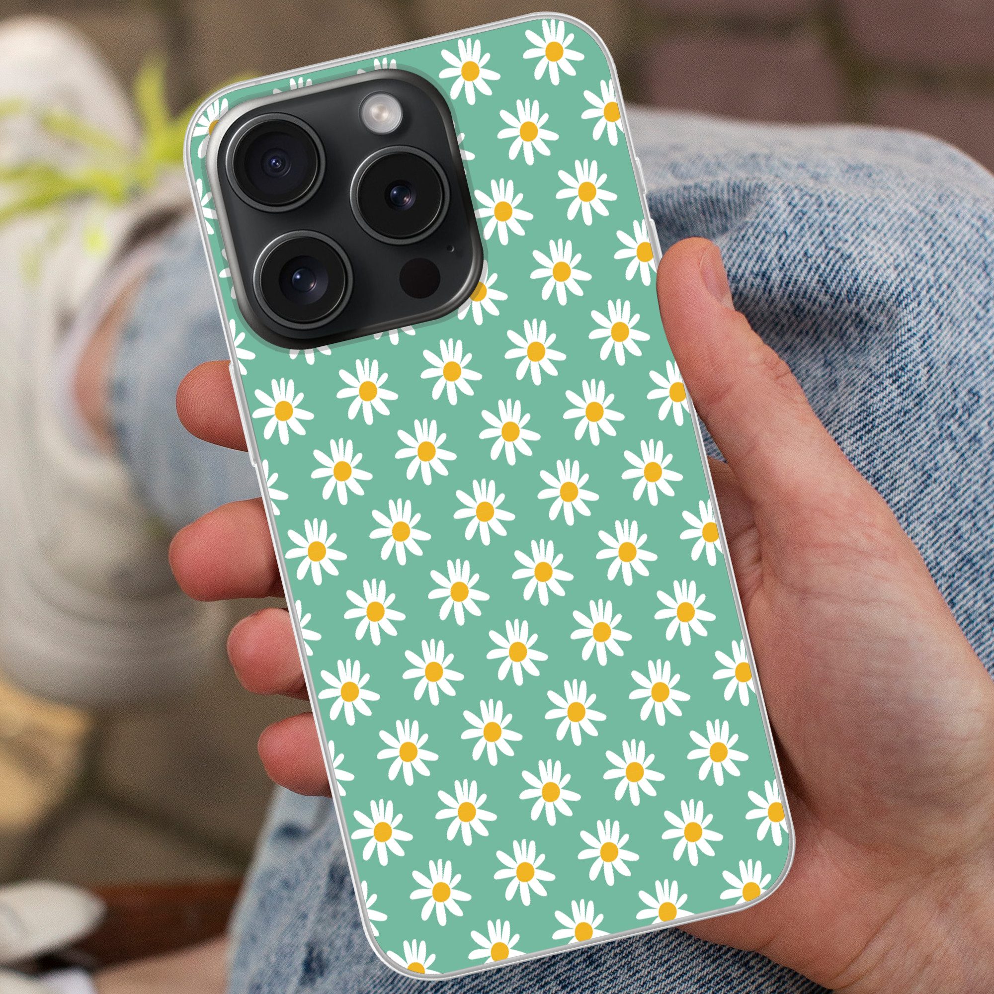 MuchoWow Handyhülle für Apple iPhone 15 Pro Gänseblümchen - Muster - Grün - Blumen, Smartphone-Bumper, Print, Handy Schutzhülle Dünn