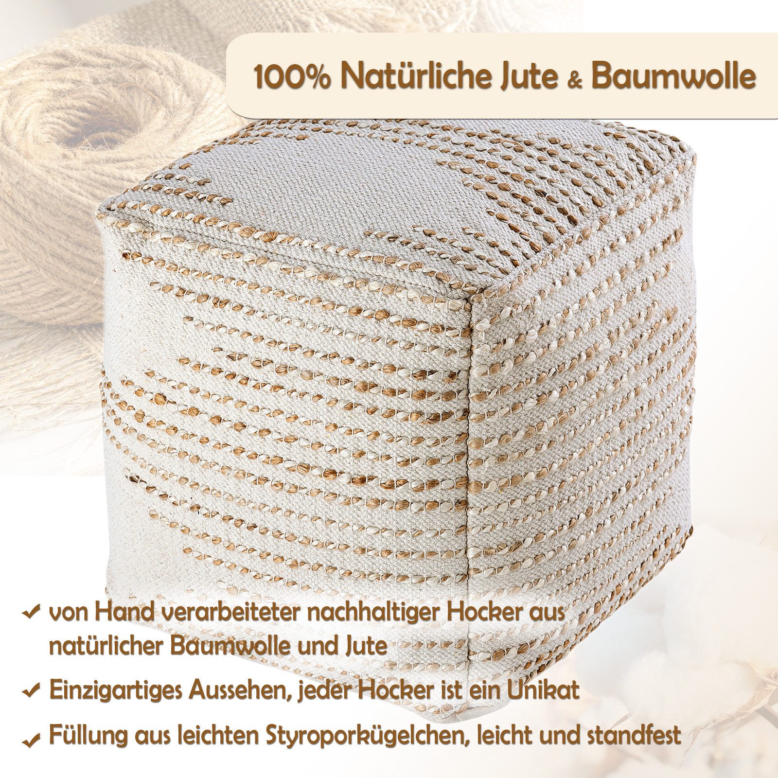 Amagohome Sitzhocker Sitzhocker Jute 45x45x45cm Sitzpouf quadratisch Deko H günstig online kaufen