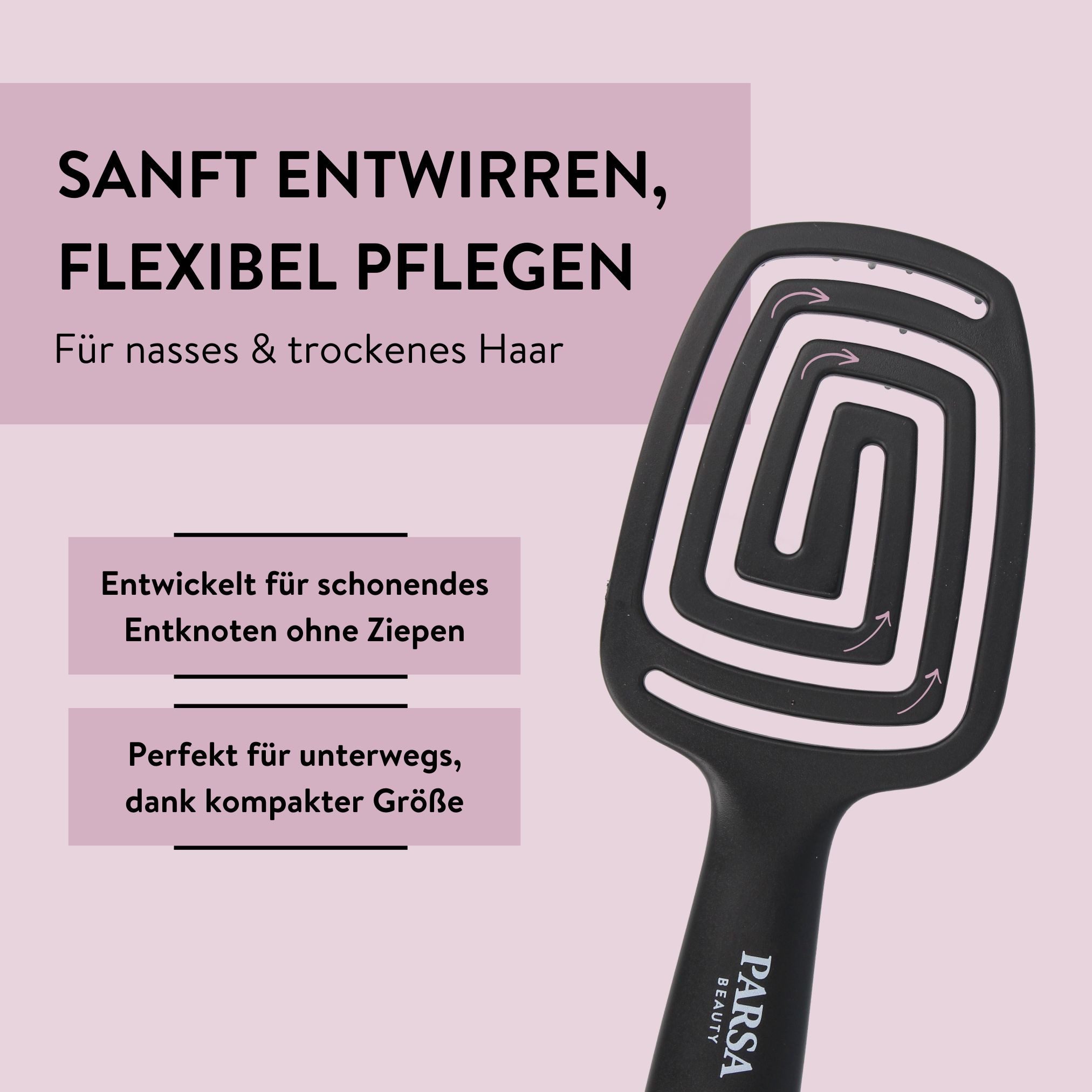 PARSA Beauty Haarbürste LOV.U Flexible Entwirrbürste, Sanftes Entknoten & Taschenformat