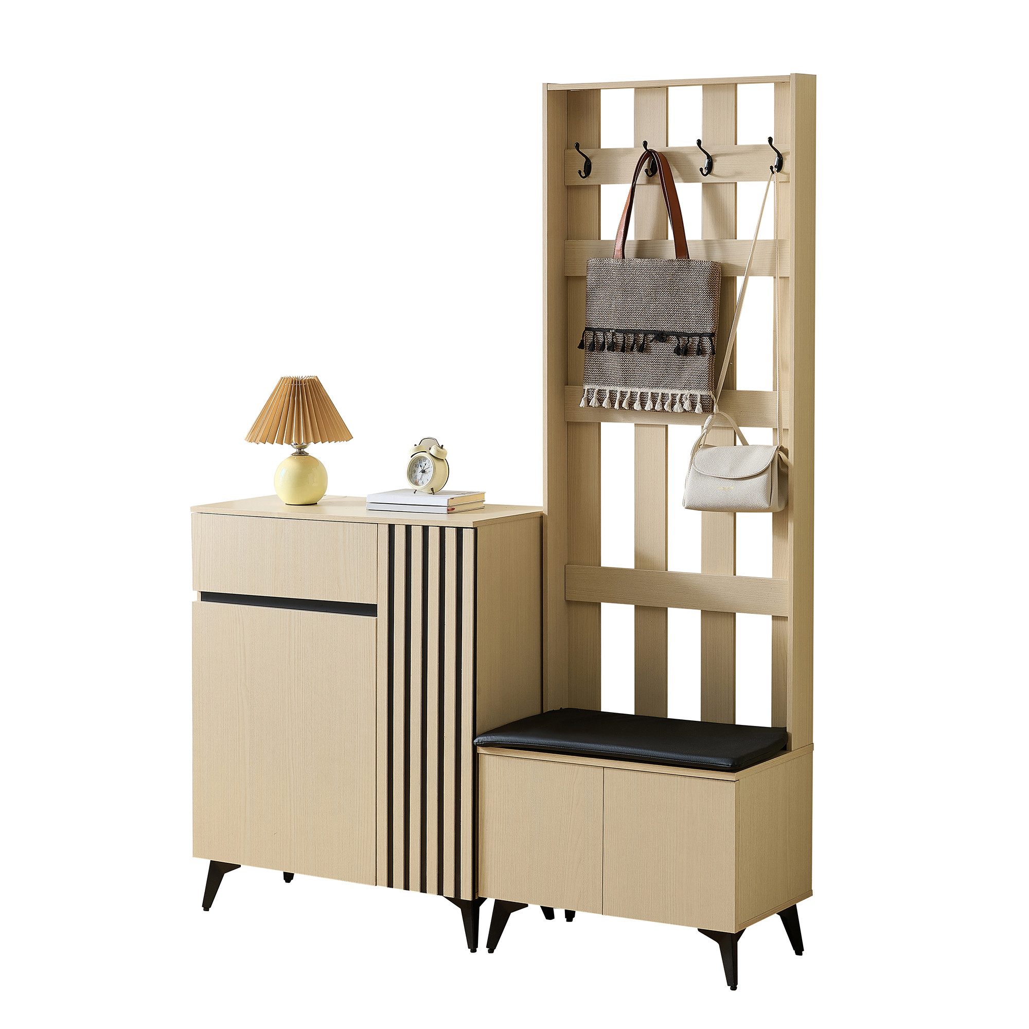 Refined Living Garderoben-Set Flurgarderobe mit Sitzbank & Stauraum,Schuhschrank, Flurmöbel, (Garderobe und Schuhschrank Kombination, Garderobe mit 4 Kleiderhaken, gepolsterter, Sideboard Schuhschrank mit 2 Türen, 1 Schublade, Eingangsbereich Möbel, Aufbewahrungsschrank, Highboard, Kommode, 2-St., Vielseitiger Stauraum, Robuste Qualität, verstellbare Regalböden), für Flur,Eingangsbereich,Schlafzimmer,Wohnung,Wohnzimmer,Familien