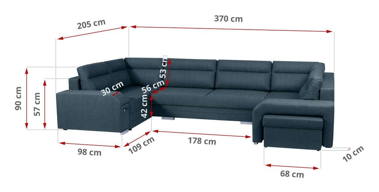 Hocker Sofa Mit - U-Form MKS U, mit Ecksofa Ecksofa MÖBEL Schlaffunktion und ALVA Inari Minibar Dunkelblau