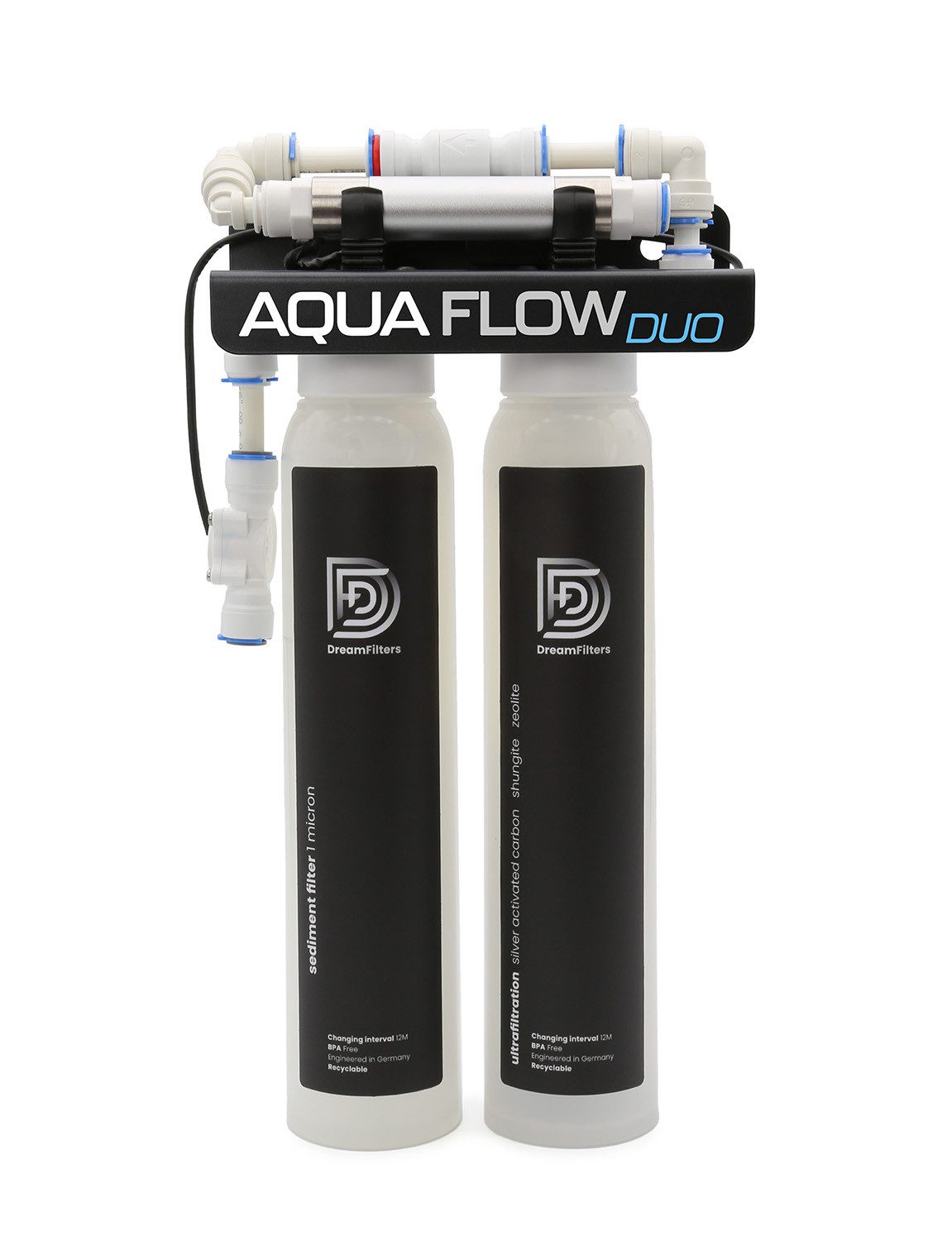 DreamFilters Wasserfilter Aqua Flow Duo LED UV-C, UV-Filteranlage mit Wasserdesinfektion, Zubehör für Wohnmobil, Wasseraufbereitungsanlage enthält UF, Aktivkohlefilter mit Silberionen