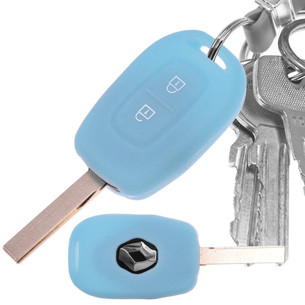 Autoschlüssel Schlüsseltasche 2 Renault für Wind Twingo Clio Fluence Blau, Softcase mt-key Schutzhülle Modus Tasten Silikon fluoreszierend Kangoo