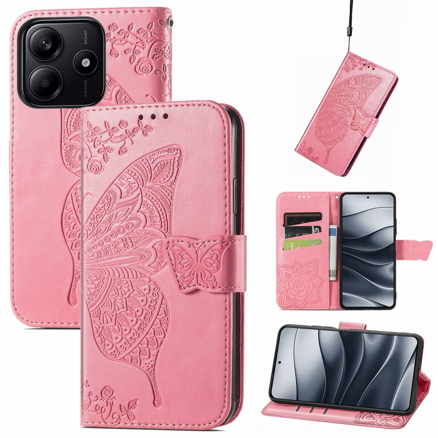 Smartphone-Hülle Für Xiaomi Redmi Note 14 5G Kunstleder Wallet Schmetterling Hülle Pink