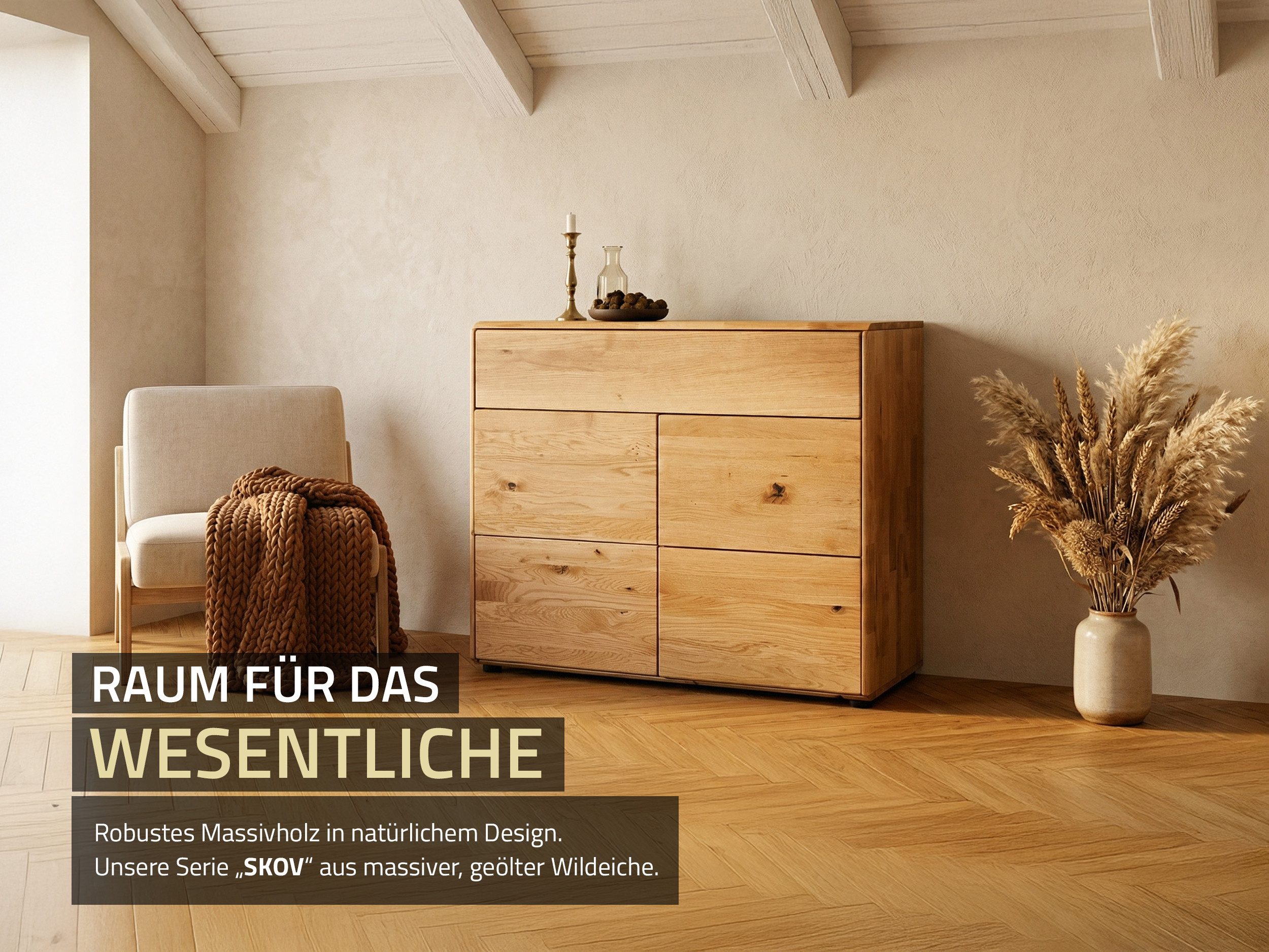 Massivart® Kommode 100 cm Breite 1 Schublade Wildeiche massiv geölt »SKOV«, Massivholz · 2 Drehtüren · 1 Einlegeboden · viel Stauraum