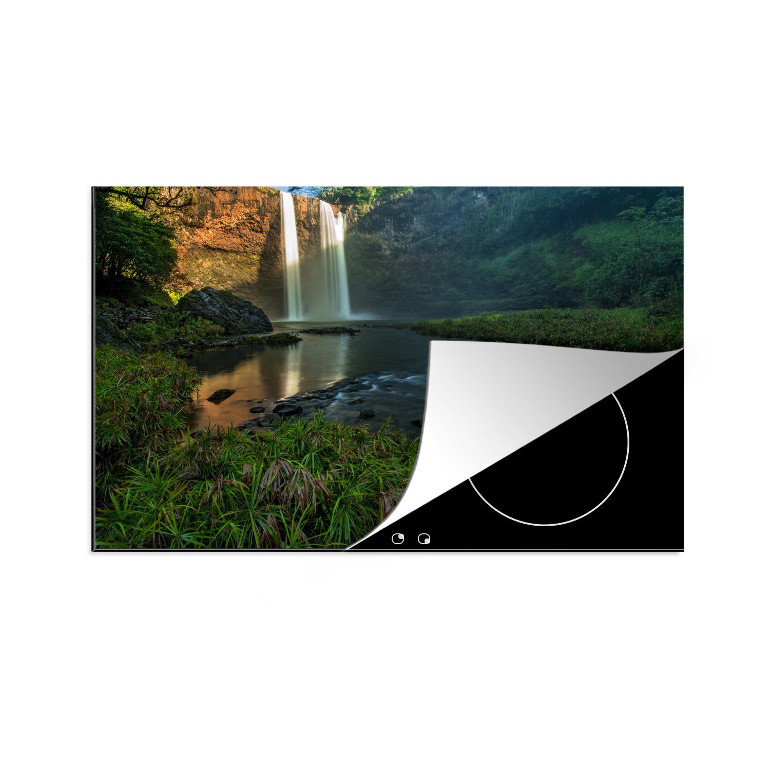 MuchoWow Herdblende-/Abdeckplatte Wasserfall im Wald, Vinyl, (1 tlg), 81x52 cm, Induktionskochfeld Schutz für die küche, Ceranfeldabdeckung