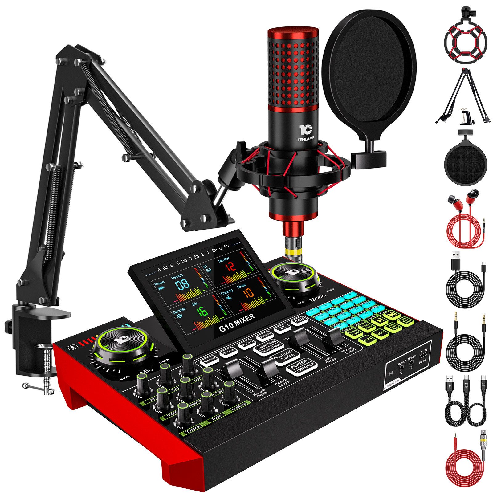 home trends Tenlamp G10 Zehn Lampen Podcast- & Streaming-Set mit Mixer Soundkarte 7.1 Surround, USB-Plug-and-Play, Display, Stimmwechsel, Aufnahme, Hall