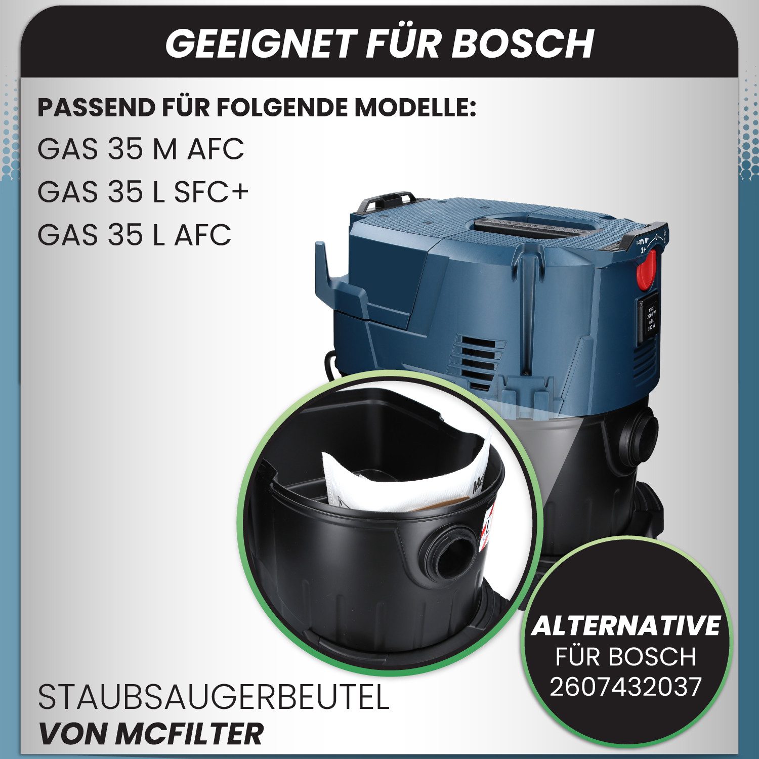 McFilter Staubsaugerbeutel Staubbeutel, passend für Bosch GAS 35 L AFC, GAS 35 M AFC und GAS 35 L SFC+ 2607432037, 5 St., Staubsaugerbeutel extra reißfest