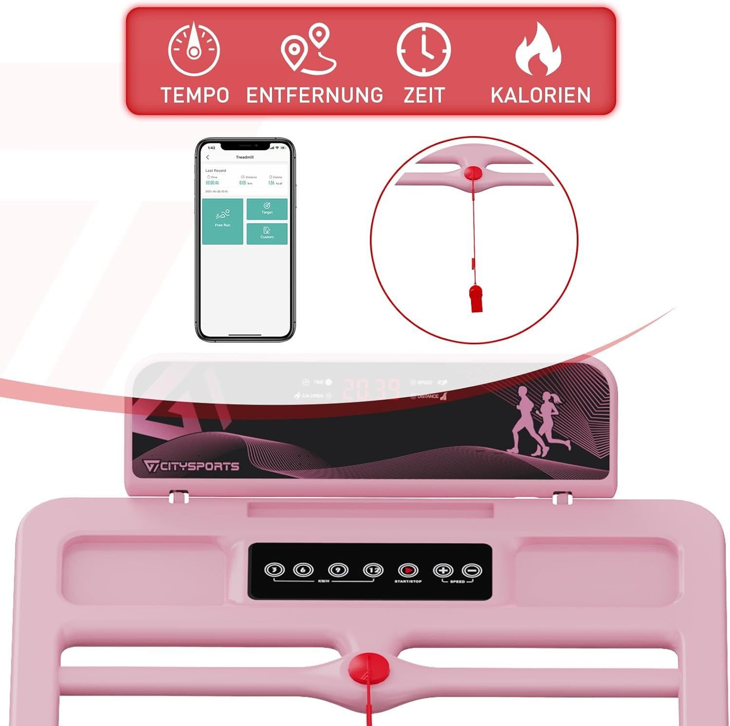 CITYSPORTS Laufband Heim-Laufband mit Steigung (Mit Toolkit, Schmiermittel), Klappbares Laufband bis 12 km/h mit APP walking jogging pad