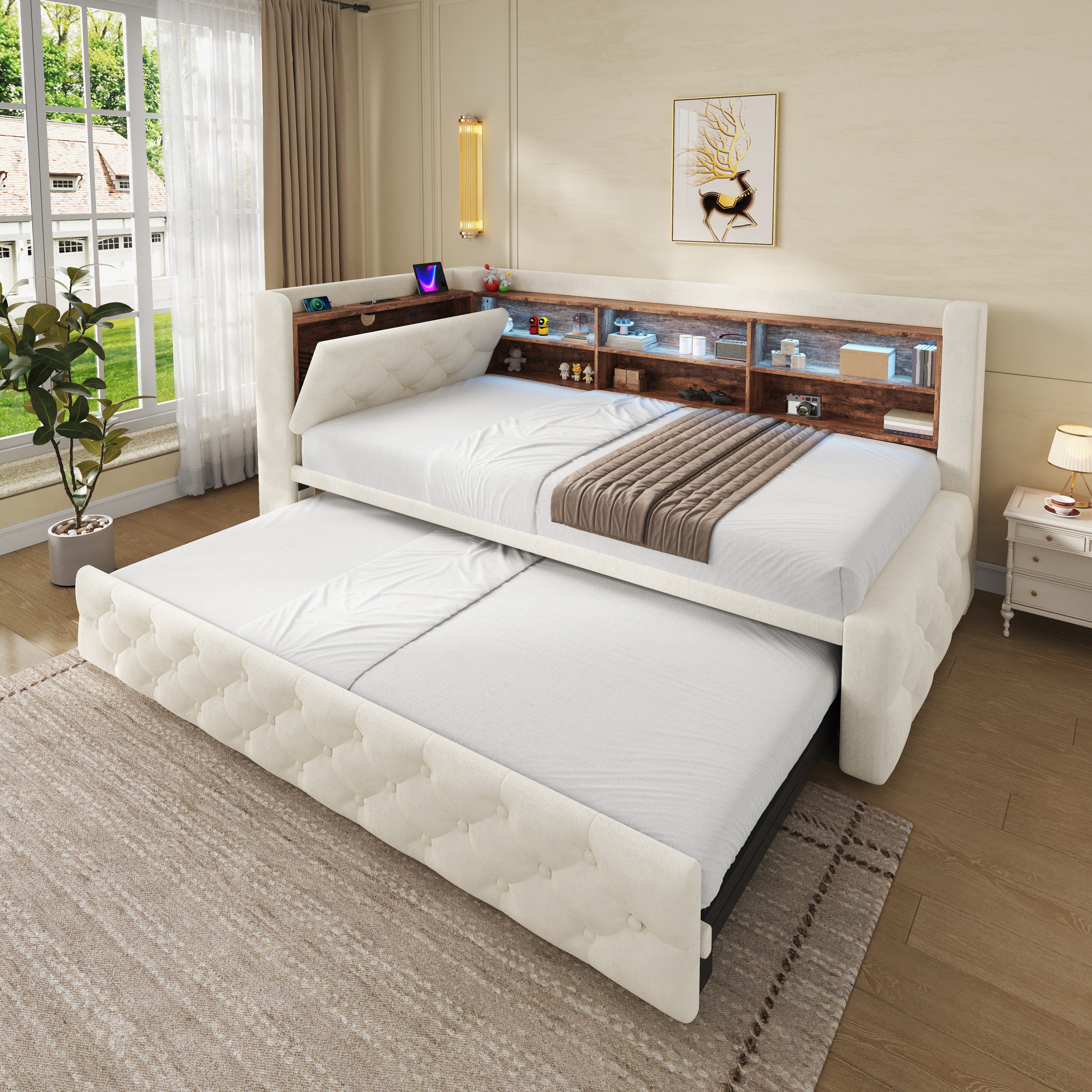 Celya Polsterbett 90x190 cm Schlafsofa Bettgestell ausziehbar, mit Stauraum (ohne Matratze, mit Ablagefläche, LED Licht, USB und Type-C)