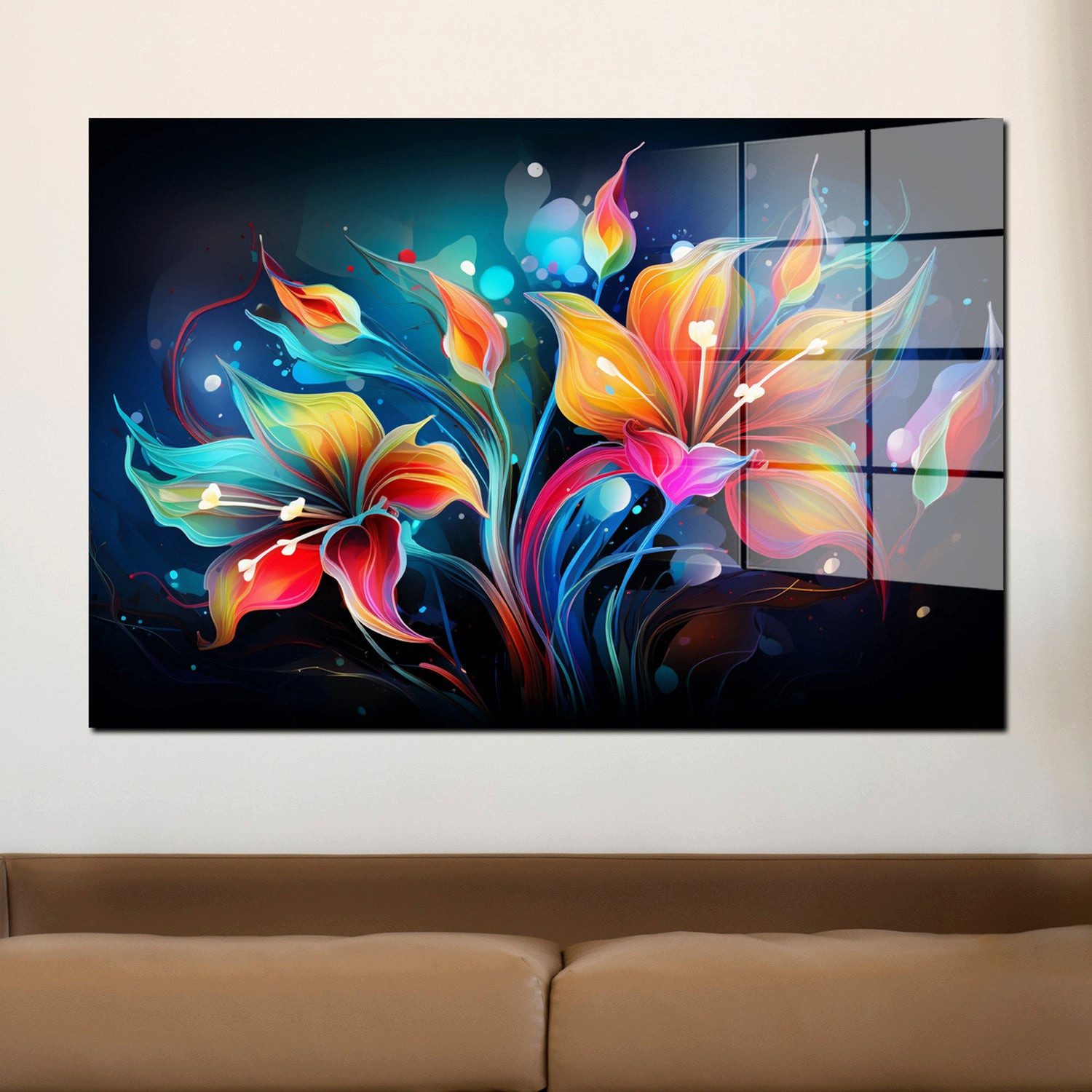 Artedinoi Acrylglasbild Leuchtende Blumen dark Acrylglas Wandbild Bild Wanddeko Wohnzimmer XL
