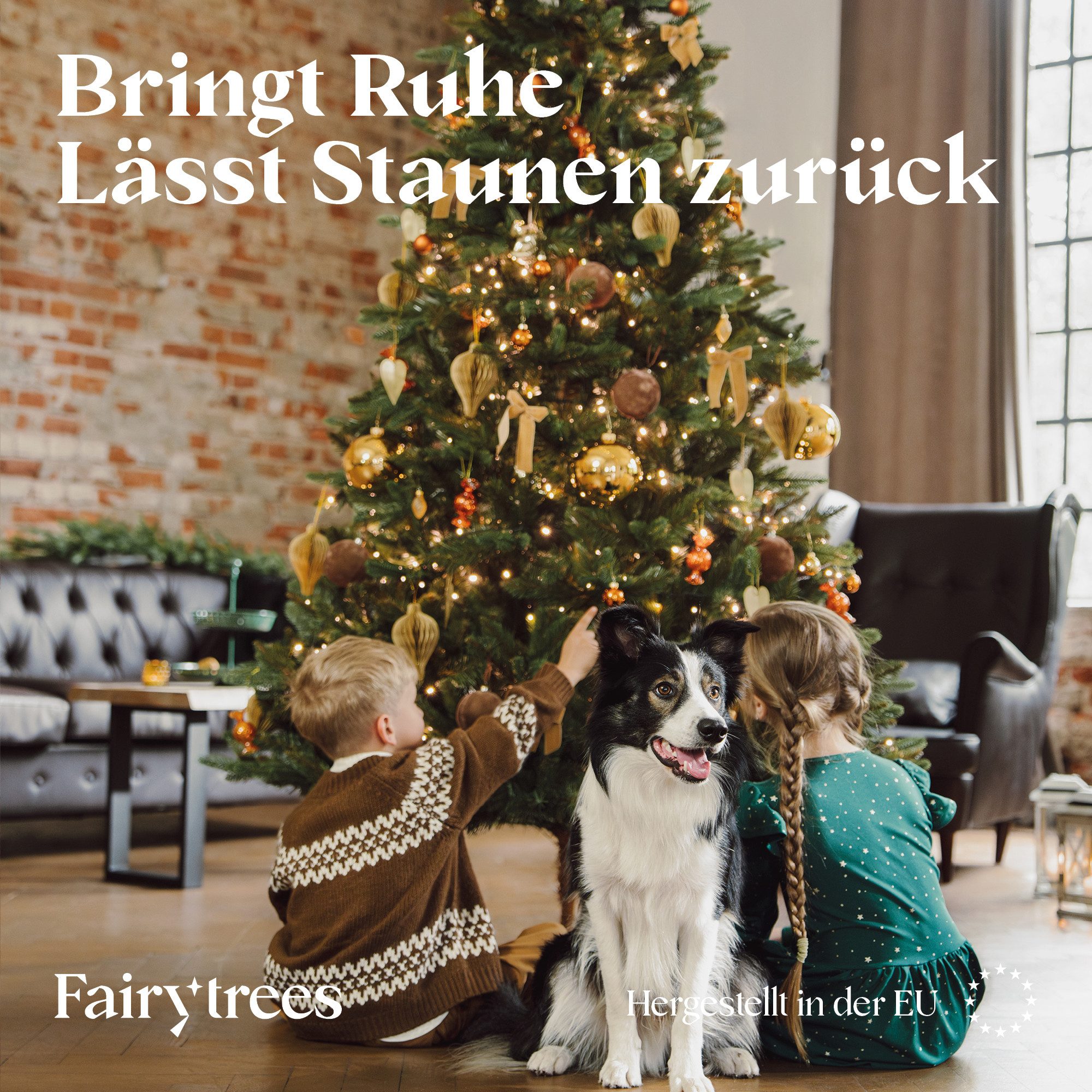 Fairytrees Künstlicher Weihnachtsbaum FT29, Nordmanntanne Premium, mit braunem Stamm und Echtholz Baumständer