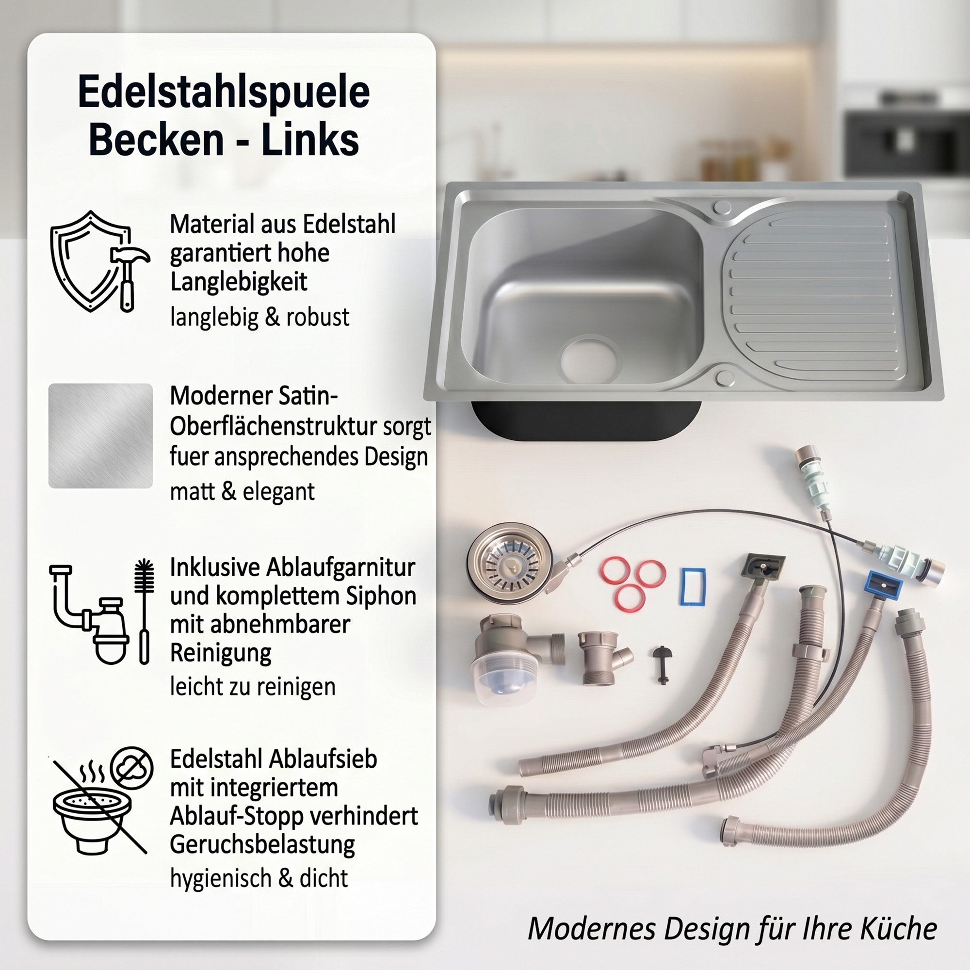 Mucola Edelstahlspüle Edelstahlspüle Spülbecken Einbauspüle Küchenspüle Spüle Eckig Zubehör, Rechteckig, 76/42 cm, (Set, 1 St., Nein), Anti-Kondensbeschichtung – Bild 2 von 5