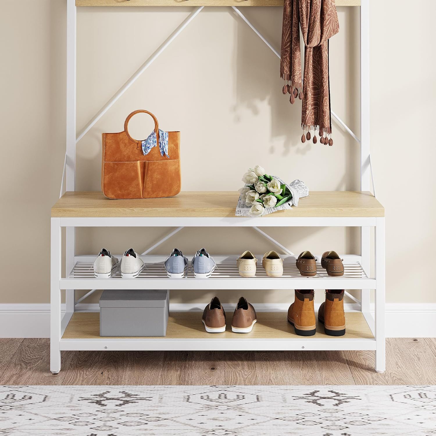 GarveeMore Garderobenständer 4-in-1 mit Sitzbank,3 Etagen Ablage und 8 Haken,183cm, mit Schuhbank,verstellbare Füße,Kleiderstange,101x40x183cm – Bild 4 von 5