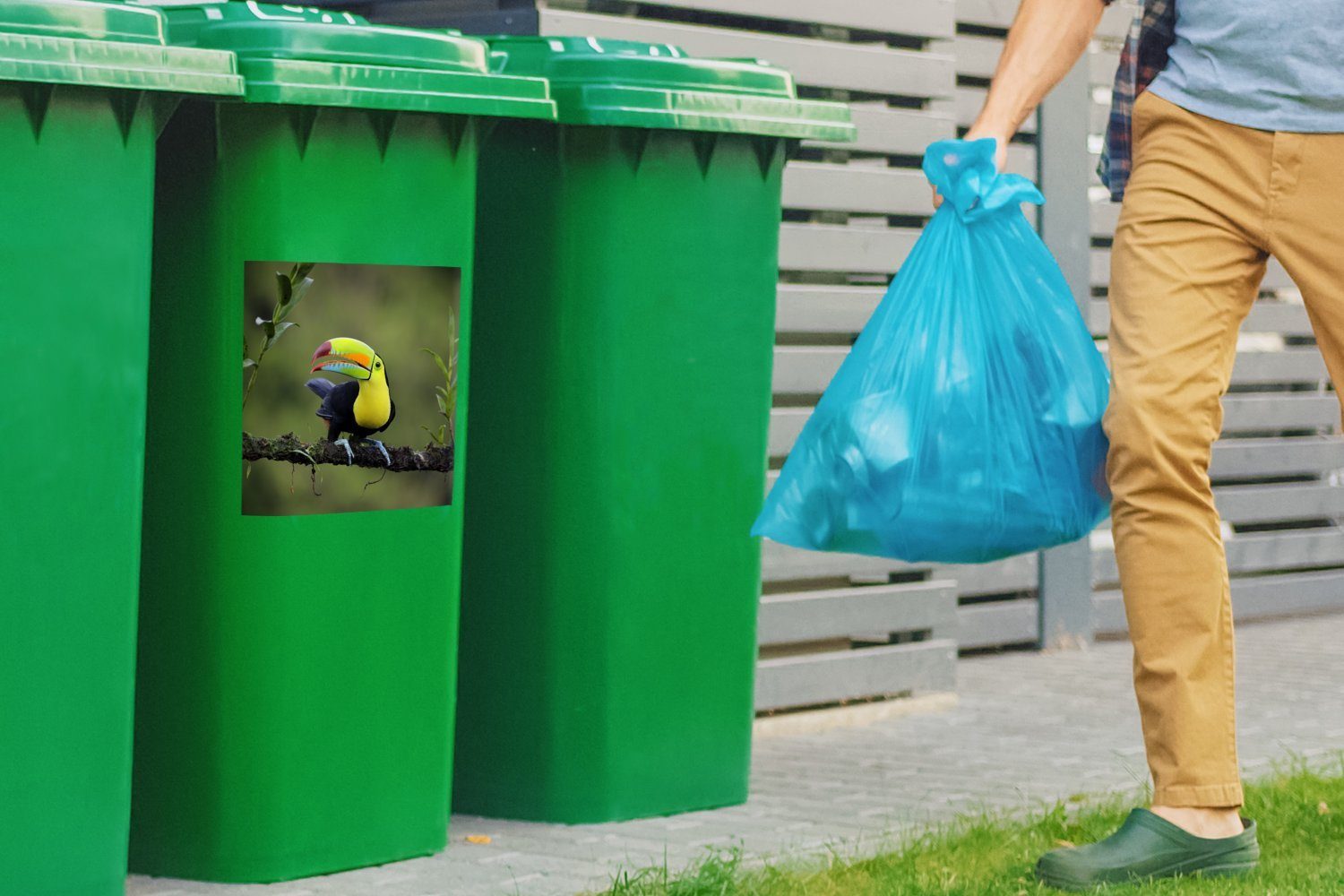 Wandsticker in Ein MuchoWow Grünanlage schönen Mülltonne, Tukan Container, Abfalbehälter (1 Ast auf einer Mülleimer-aufkleber, St), einem Sticker,