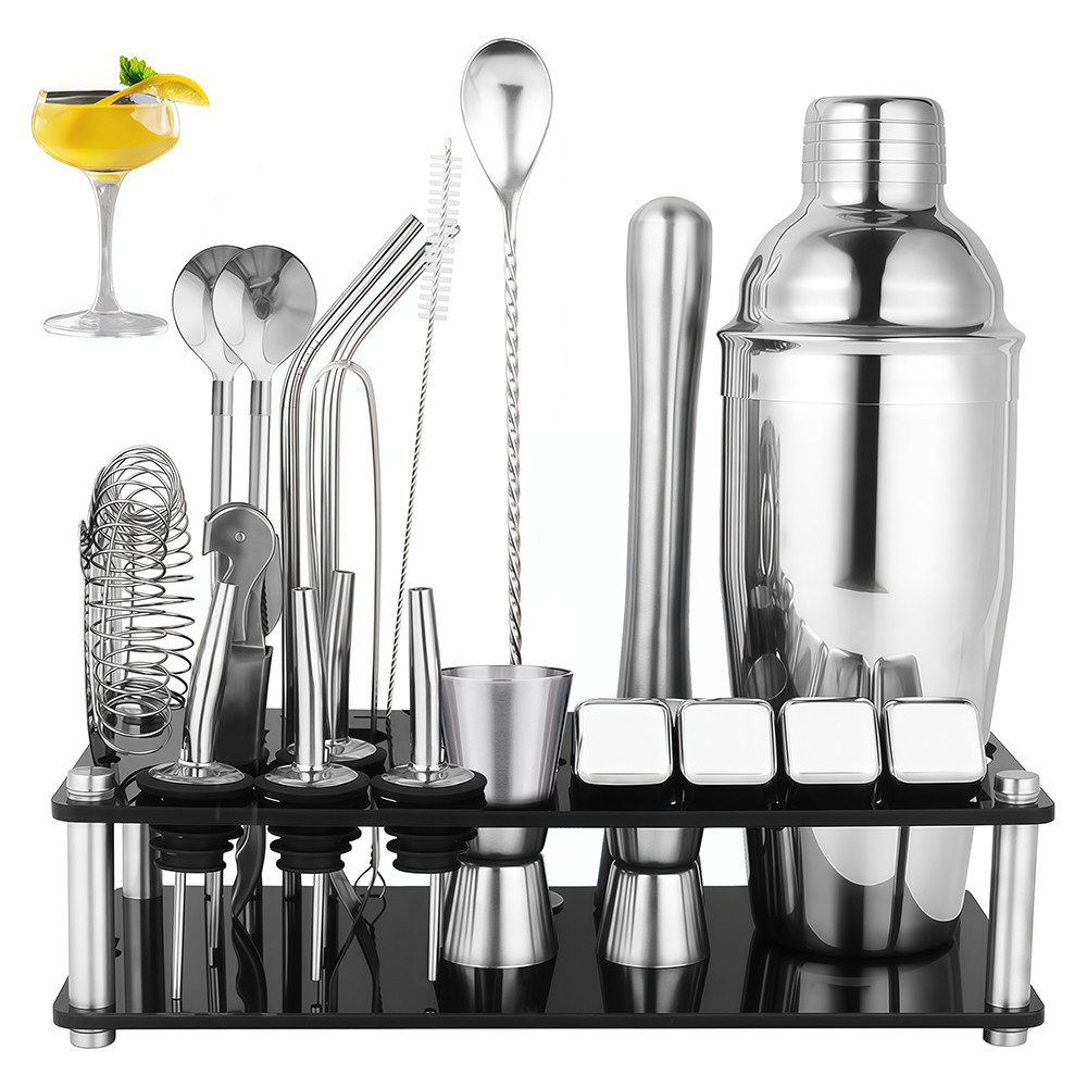 GLIESE Cocktail-Set Edelstahl Cocktail Shaker mit Ständer, (23-tlg., Shaker Setz), mit Rezeptbuch, Messbecher, Barsieb & Eissteinen