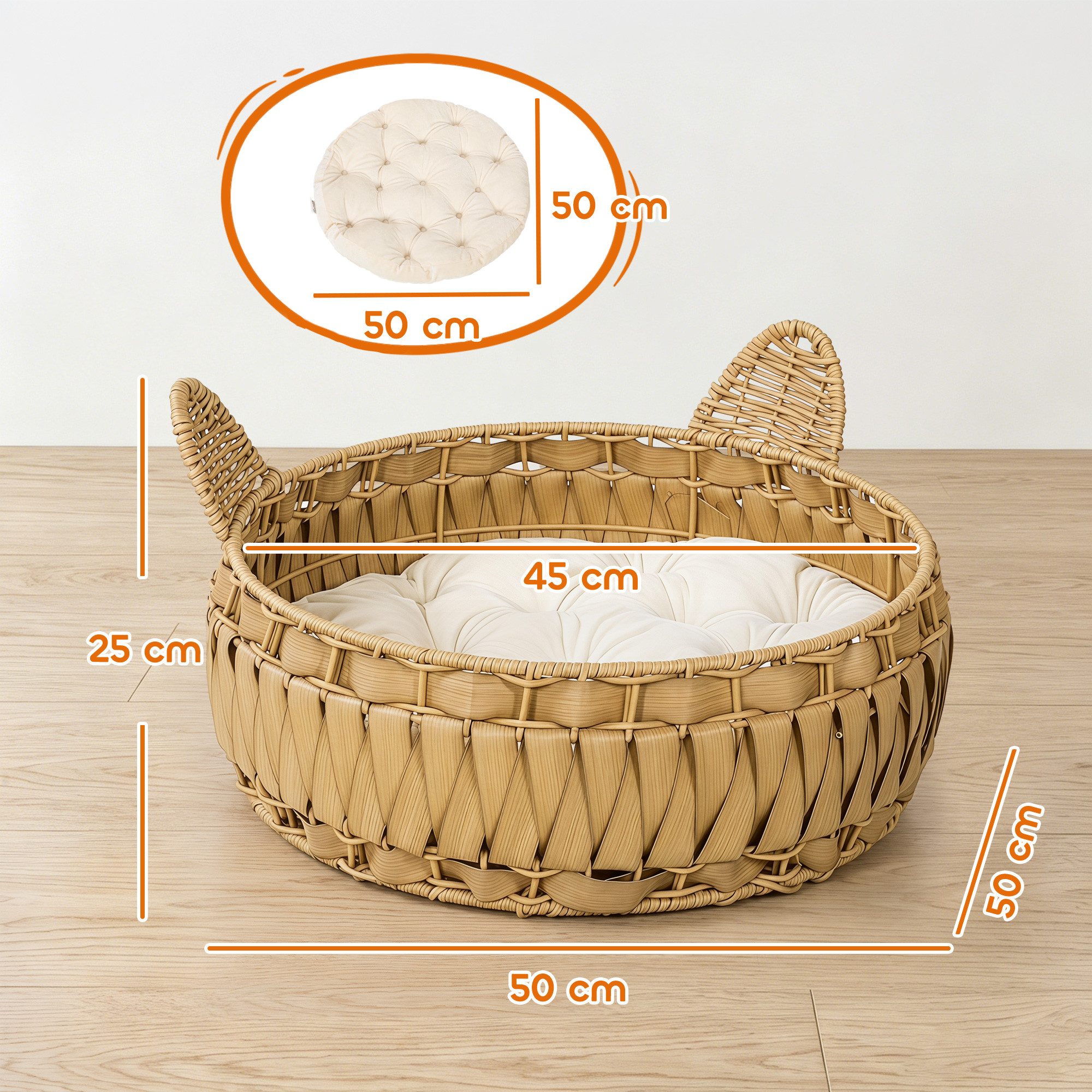 PawHut Tierhaus Katzenbett Rattan Katzenhöhle mit abnehmbares Kissen, für Katzen bis 10 kg, 50 x 50 x 25 cm, Hellbraun