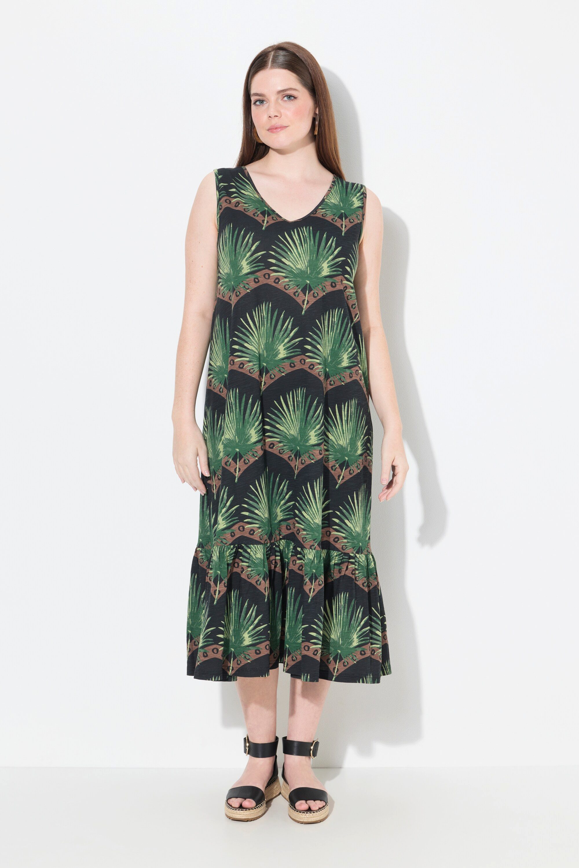 Ulla Popken Maxikleid Maxikleid Blätter V-Ausschnitt günstig online kaufen