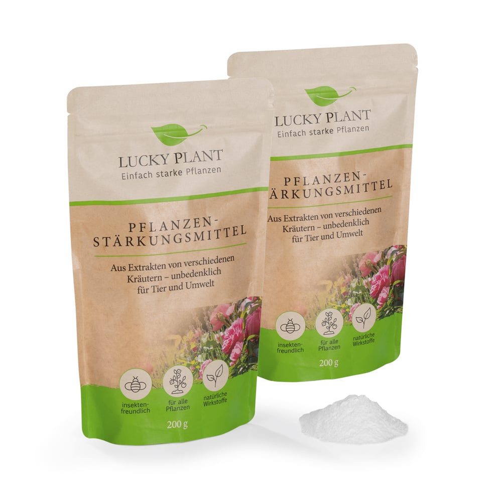 Lucky Plant Pflanzgranulat Pflanzenstärkung Pulver 2er-Set 200g weiß inkl. Messlöffel, Zier- und Topfpflanzen, Sträucher, Rasen, Obst und Gemüse