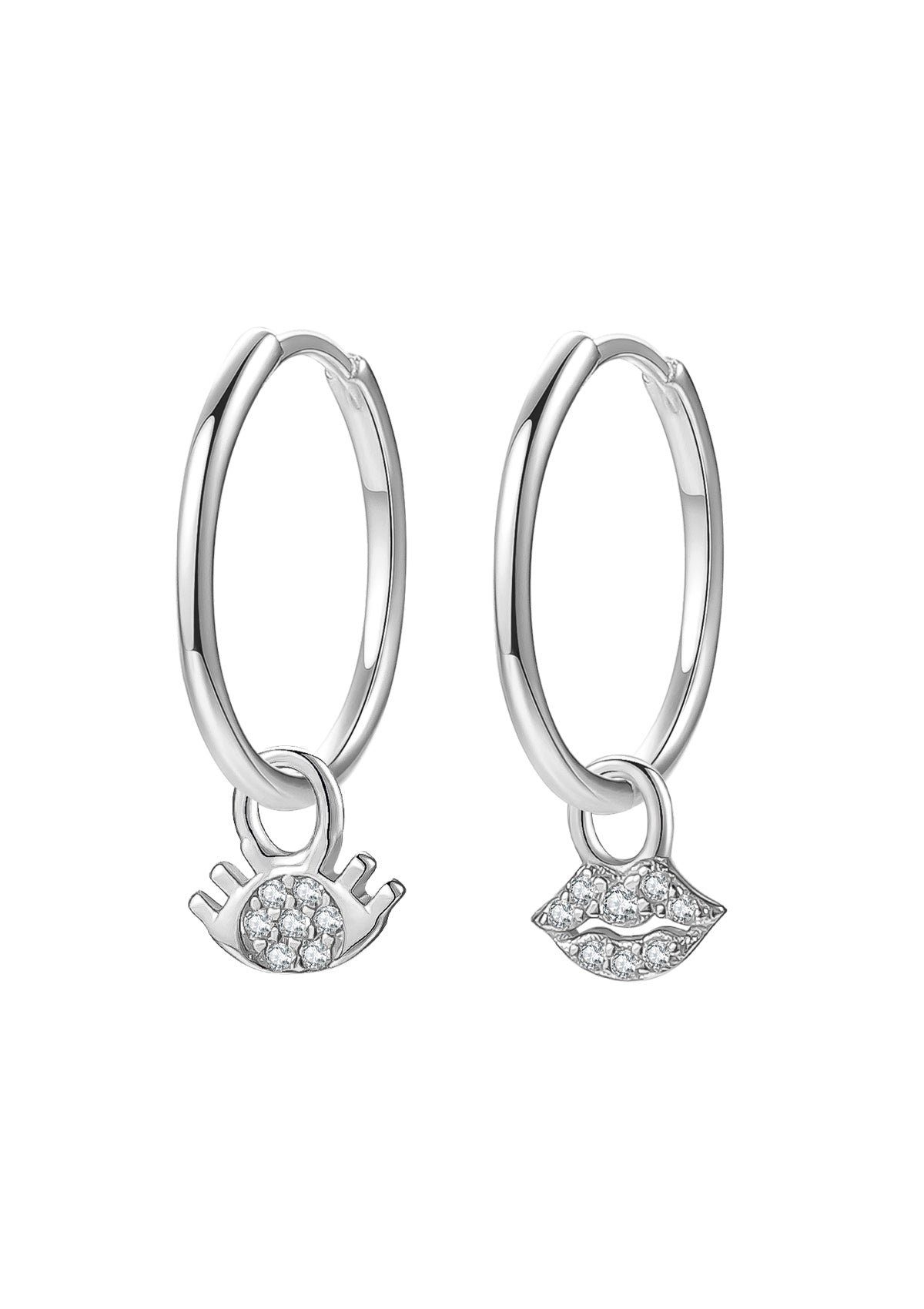 Paar Creolen Silber 925 klein, Auge Lippen Charm Kristalle, 18K Vergoldet
