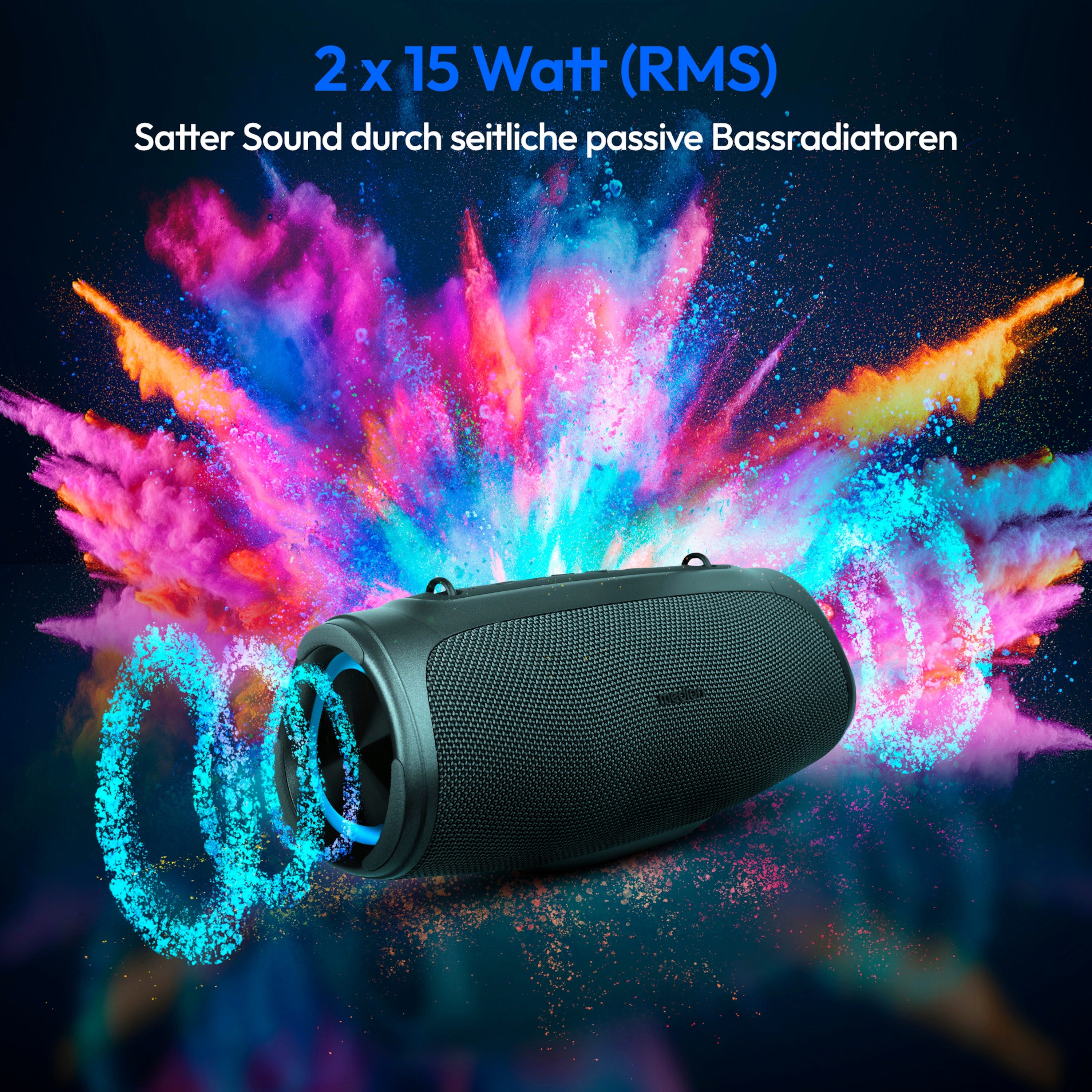 Medion® LIFE® P61746 (MD43746) M Bluetooth-Lautsprecher (A2DP Bluetooth, AVRCP Bluetooth, Bluetooth, 30 W, tragbar, Akku, Bass Boost, Musikbox, RGB, IPX7, Powerbank, Anthrazit)