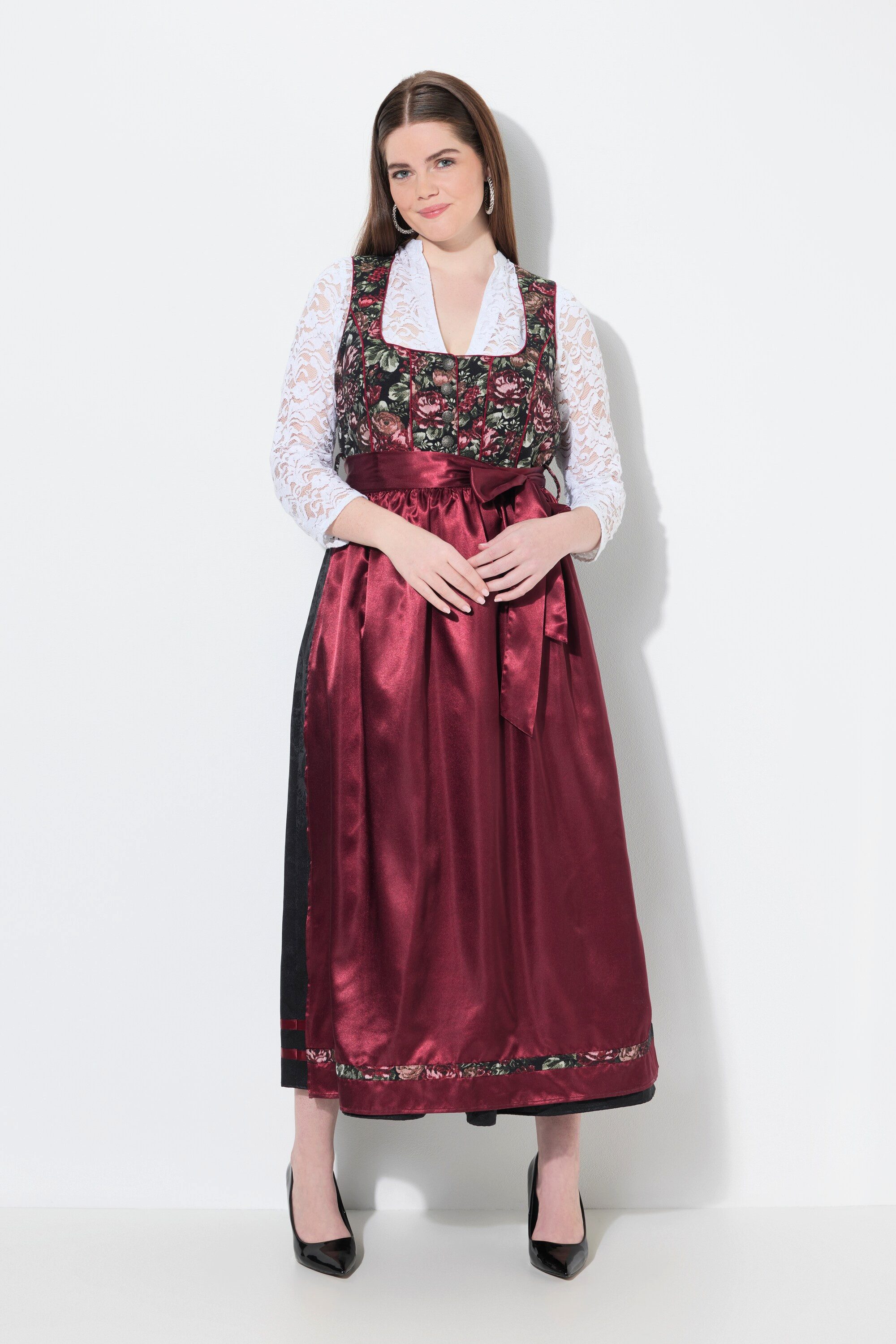 Ulla Popken Dirndl Dirndl Blüten Carré-Ausschnitt Satinschürze günstig online kaufen