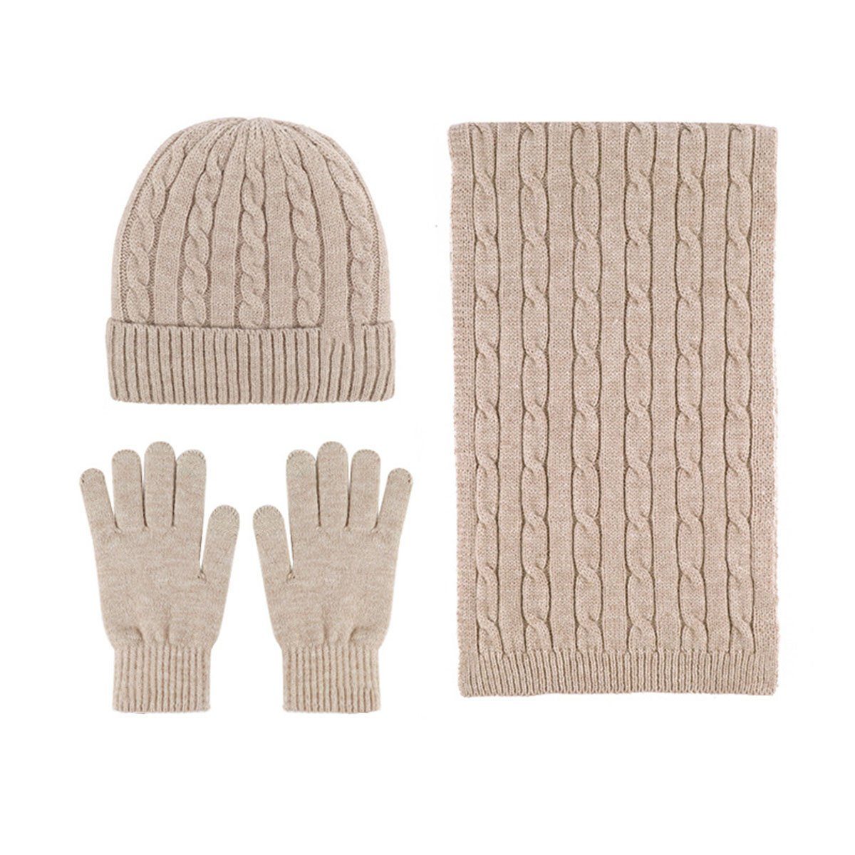 CTGtree Strickmütze Winter-Strickmütze, Schal und Handschuhe, dreiteiliges Set Drei -Stück Khaki