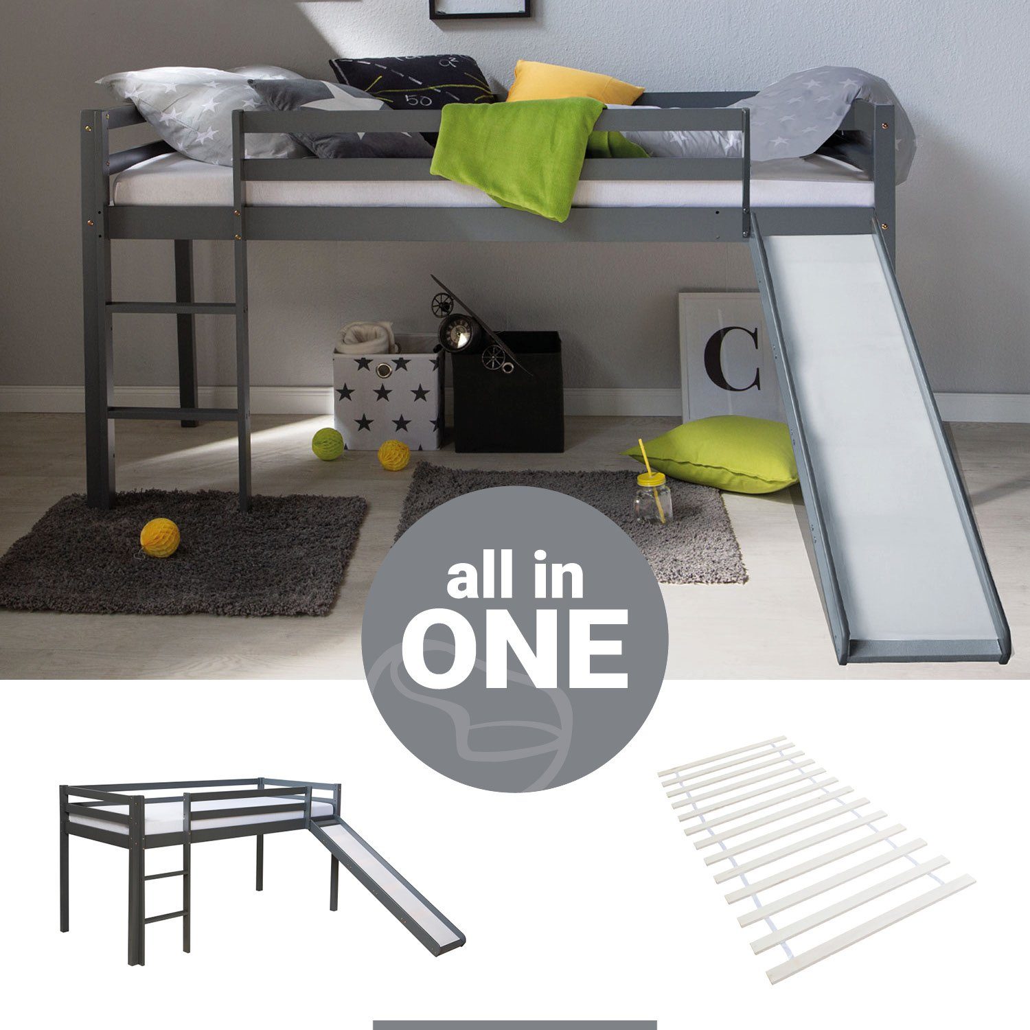 Homestyle4u Kinderbett 90x200 mit Lattenrost und Rutsche in Grau 2258 günstig online kaufen
