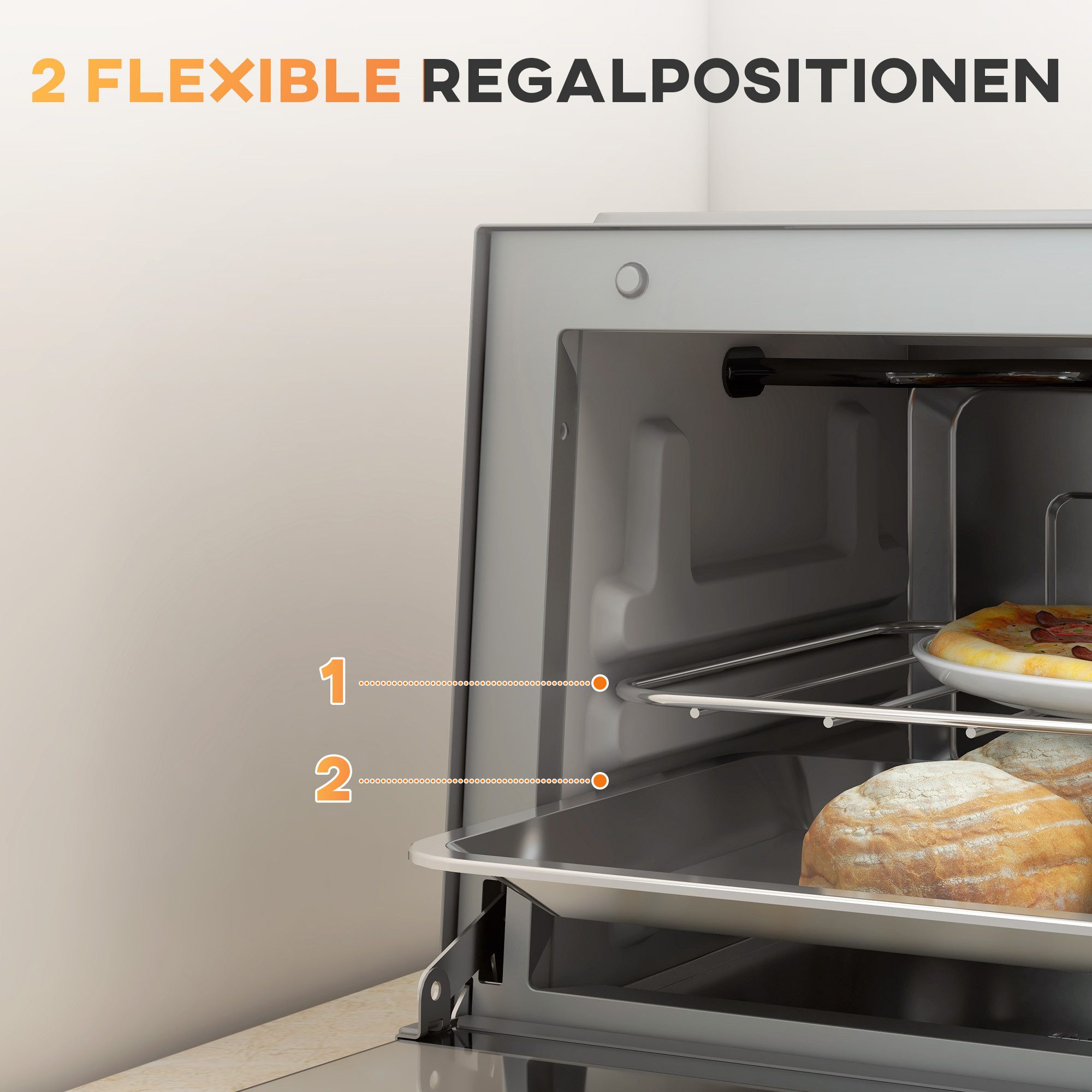 HOMCOM Minibackofen Backofen 9 L 750W 100-230℃ mit Backblech Pizza-Ofen, zum Grillen, Backen, Toasten, Silber – Bild 5 von 5