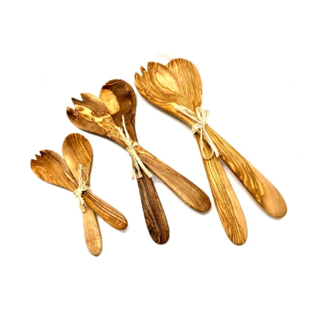 Olivenholz-erleben Salatbesteck Bastband gebundenes Salatbesteck ca.21 cm lang (2-tlg., 1x Salatgabel und 1x Salatlöffel), antibakterielle Wirkung und lebensmittelecht geschmacksneutral