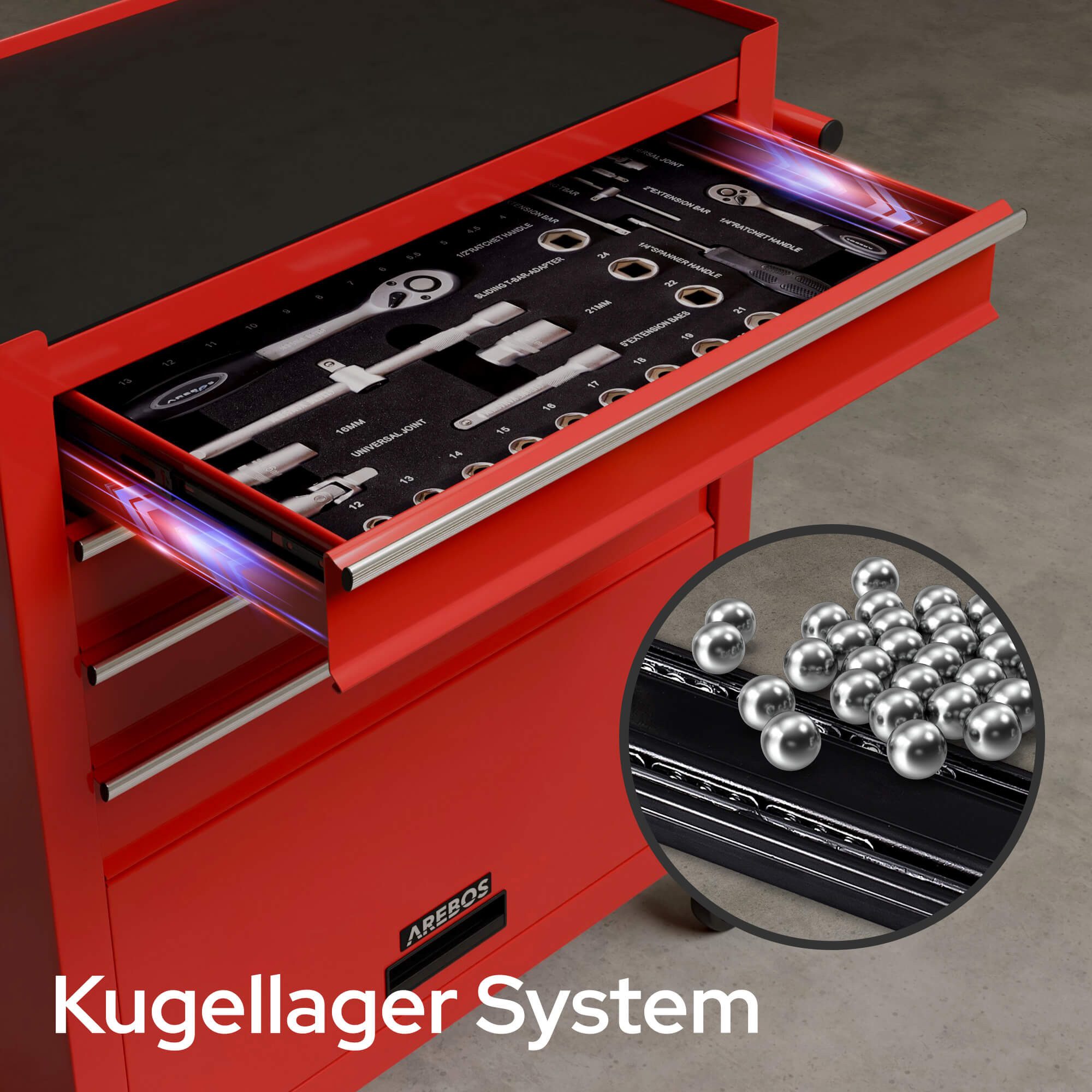 Arebos Werkstattwagen Rollwagen Werkzeugkiste Toolbox, mit Werkzeug, (81-tlg), Aus massivem Stahl gefertigt, Robuste und kratzfeste Arbeitsplatte