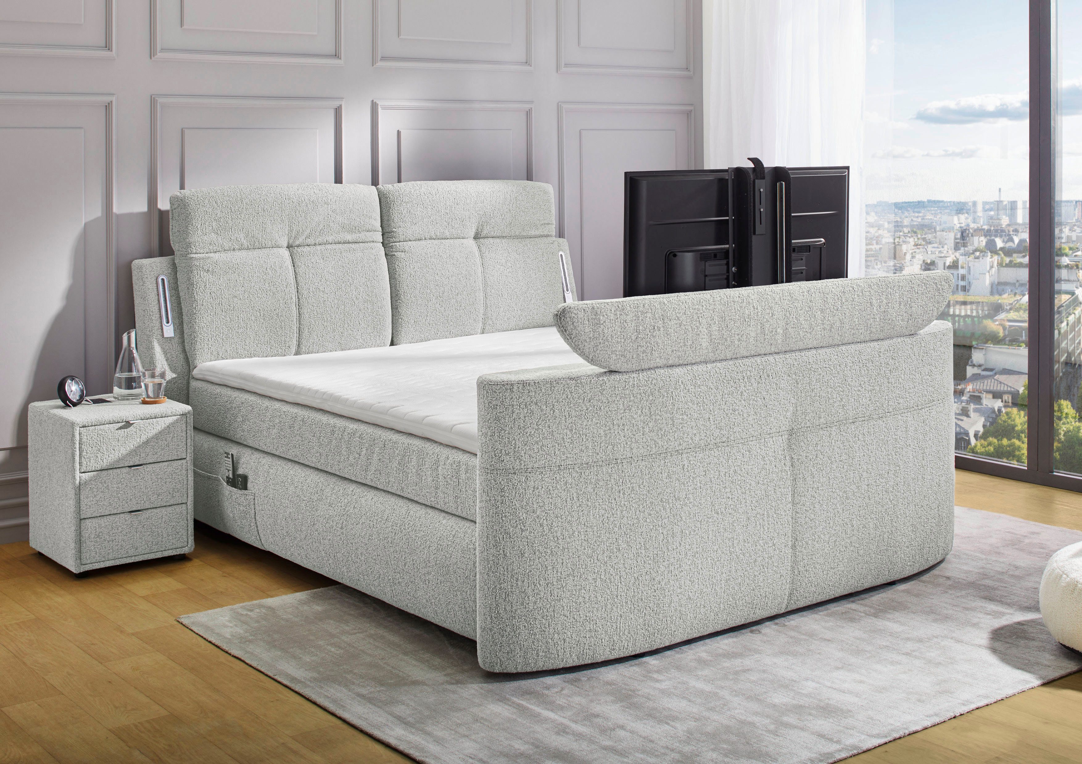 Jockenhöfer Gruppe Boxspringbett Movie Star in der Größe 180x200cm, mit versenkbarem TV-Lift und Fernbedienung, verstellbare Kopfstützen
