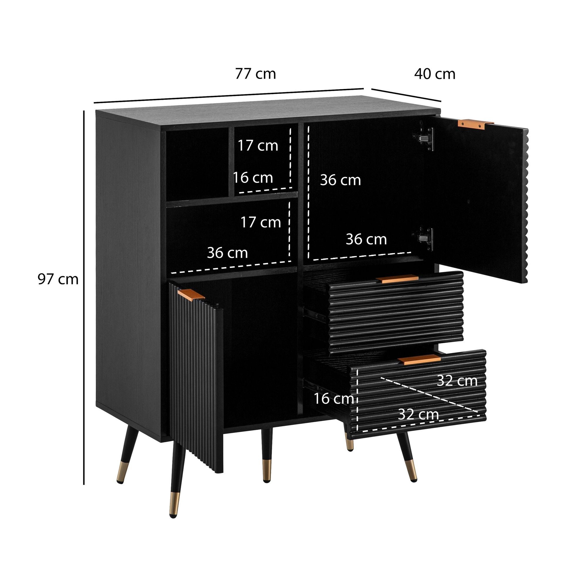 FineBuy Sideboard 77x97x40 cm Anrichte Schwarz mit Eiche-Dekor, Kommode mit Türen und Schubladen, Kommodenschrank Flurschrank mit Regal Modern, Standschrank Woh – Bild 3 von 5