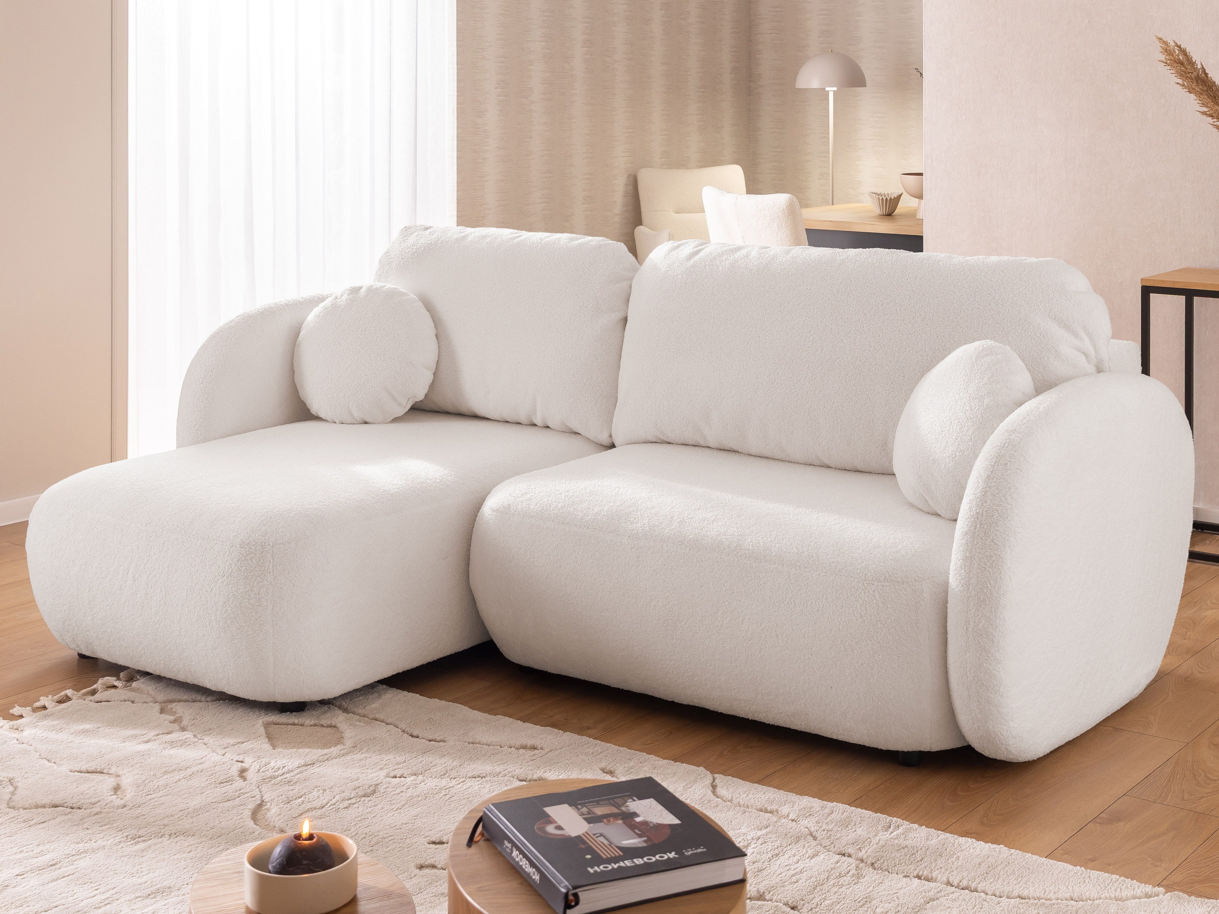 S-Style Möbel Ecksofa L- Form Candy mit Schlaffunktion und Stauraum aus Bouclé-Stoff, mit Taschenfedern